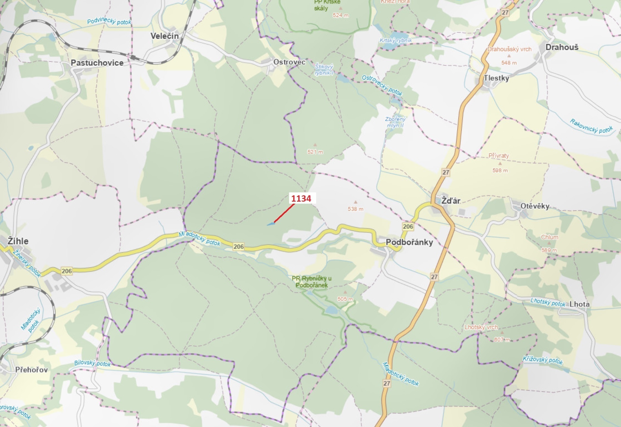 Lesní pozemek o výměře 1 636 m2, podíl 1/1, k.ú. Podbořánky, okres Rakovník