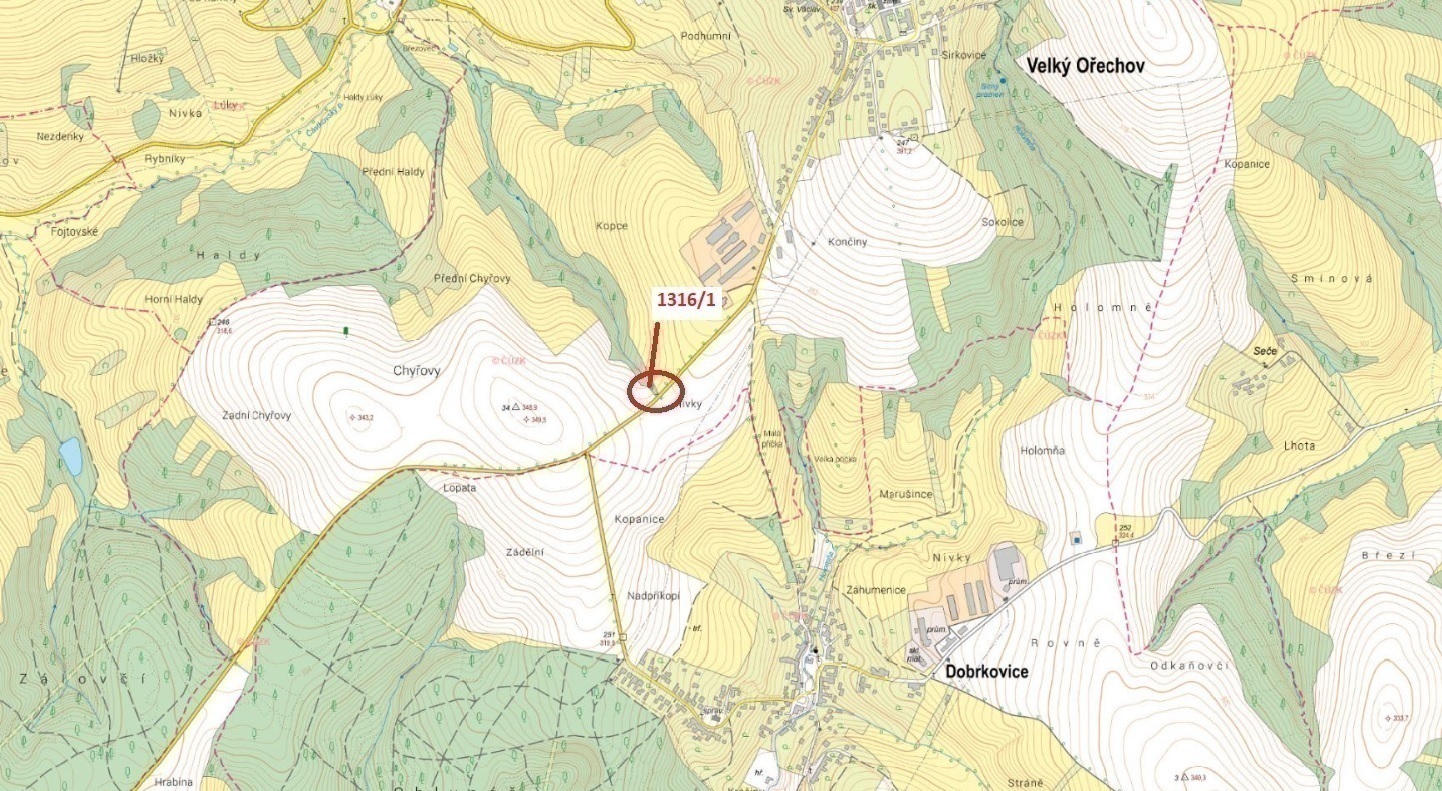 Lesní pozemek o výměře 121 m2, podíl 1/1, k.ú. Velký Ořechov, okres Zlín