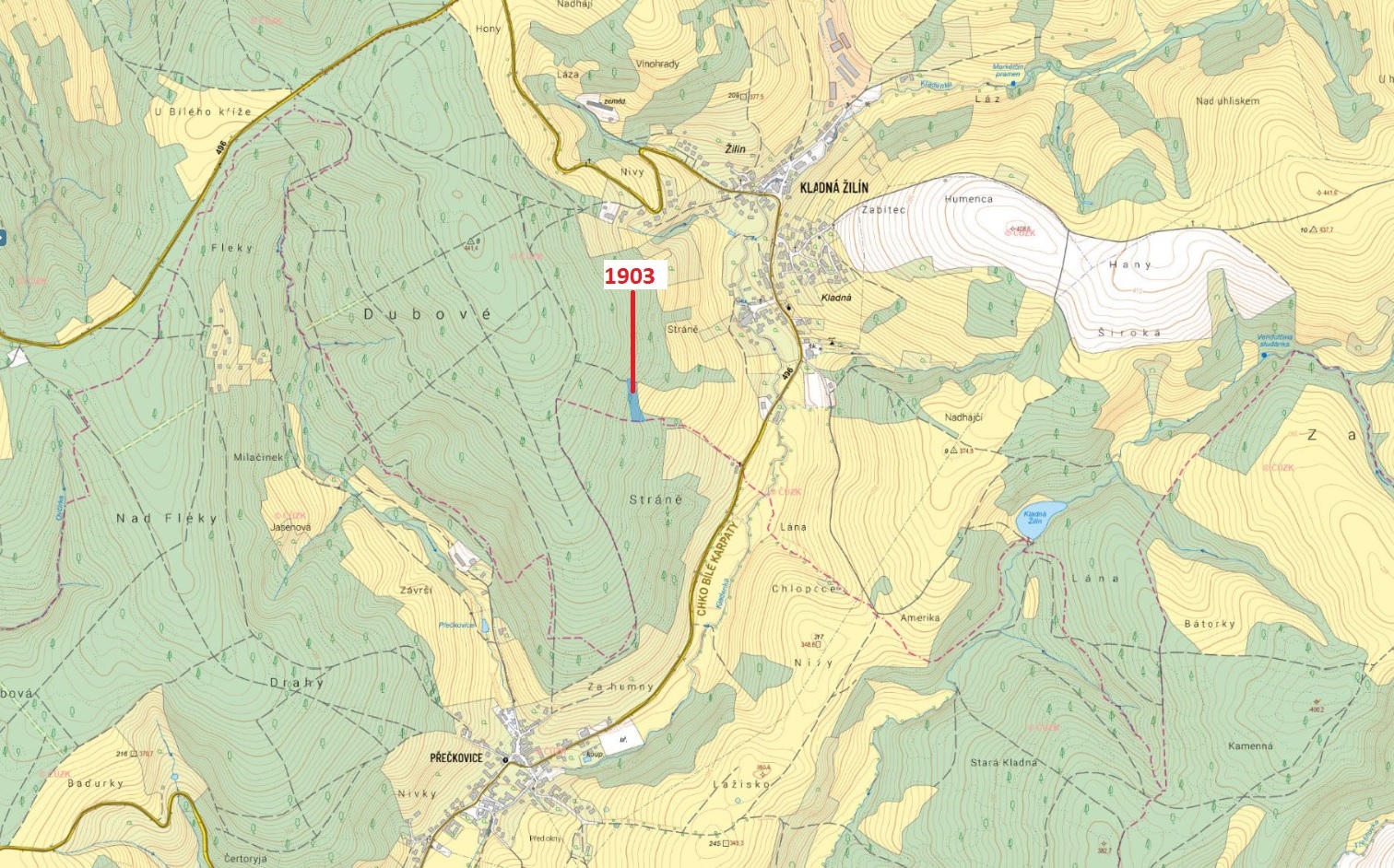 Lesní pozemek o výměře 3417 m2, podíl 1/1, katastrální území Kladná Žilín, obec Luhačovice, obec s r