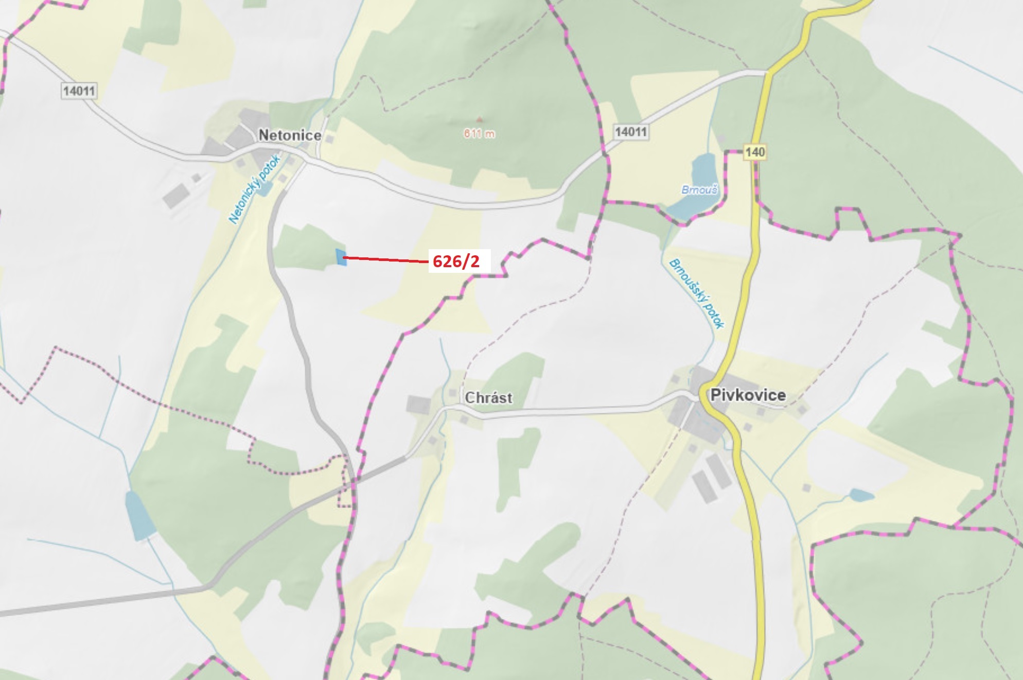 Lesní pozemek o výměře 1522 m2, podíl 1/1, katastrální území Netonice, obec Bílsko, obec s rozšířeno