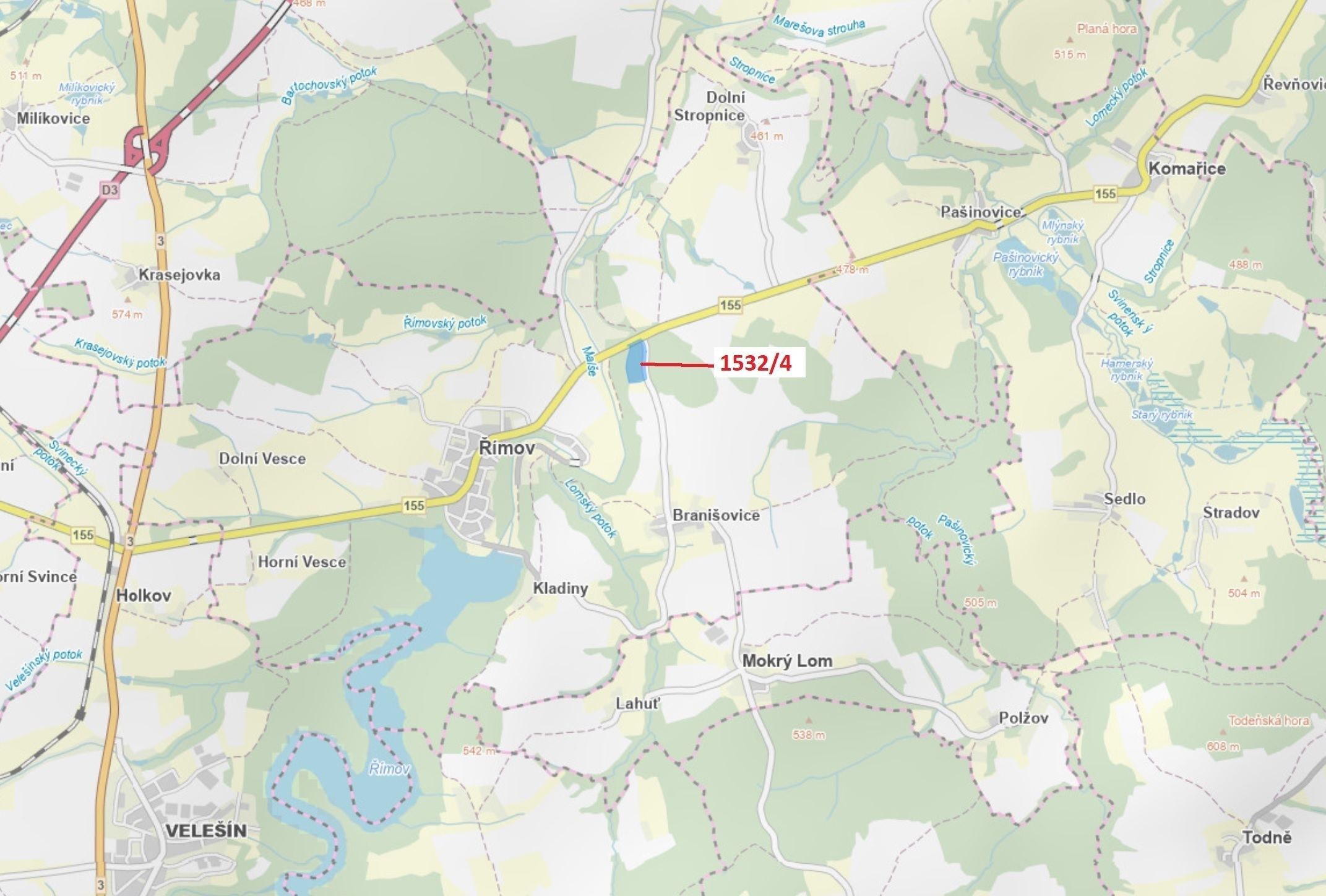 Lesní pozemek o výměře 34 065 m2, podíl 1/1, katastrální území Dolní Stropnice, obec Římov, obec s r