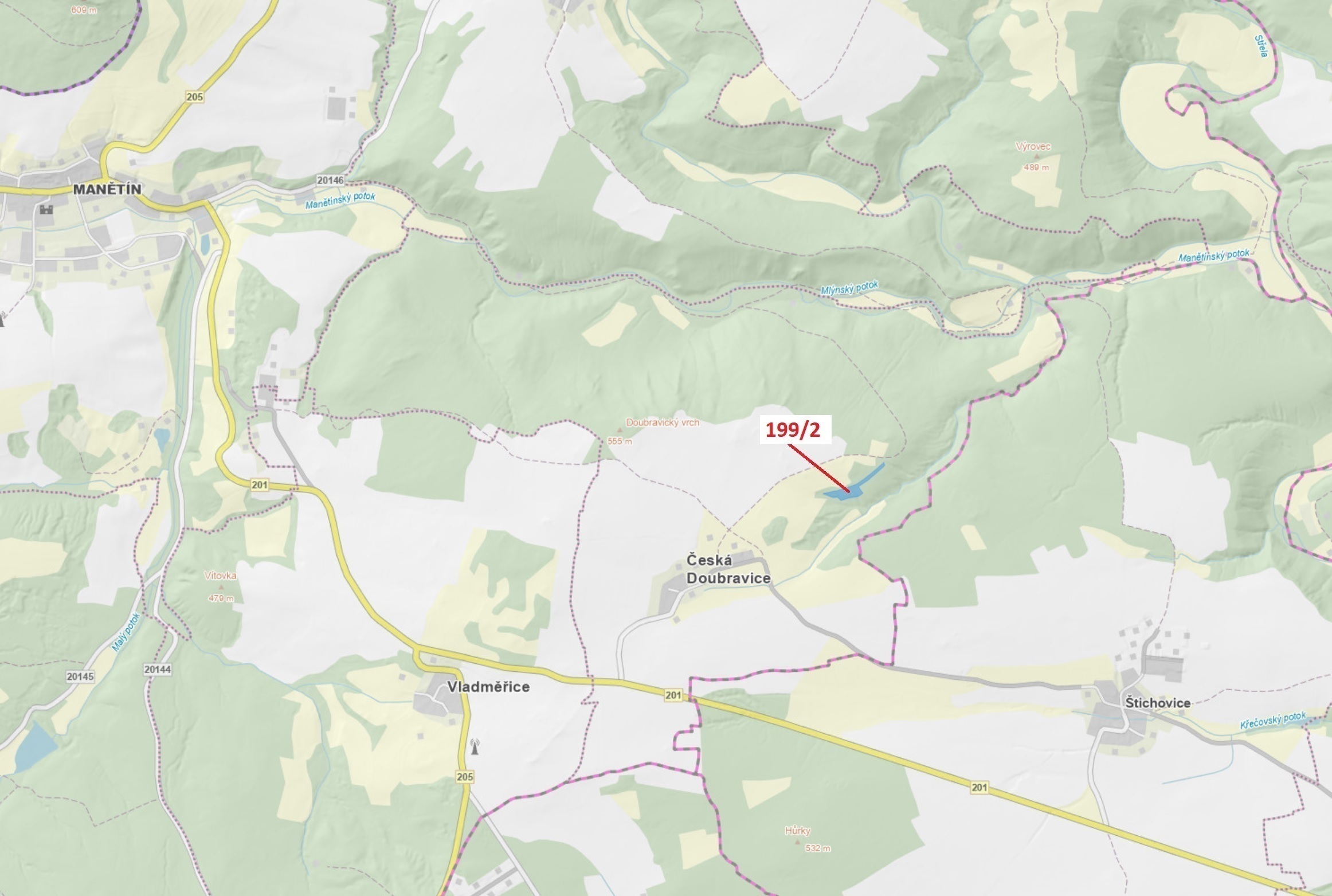 Lesní pozemek o výměře 8 273 m2, podíl 1/1, katastrální území Česká Doubravice, obec Manětín, obec s