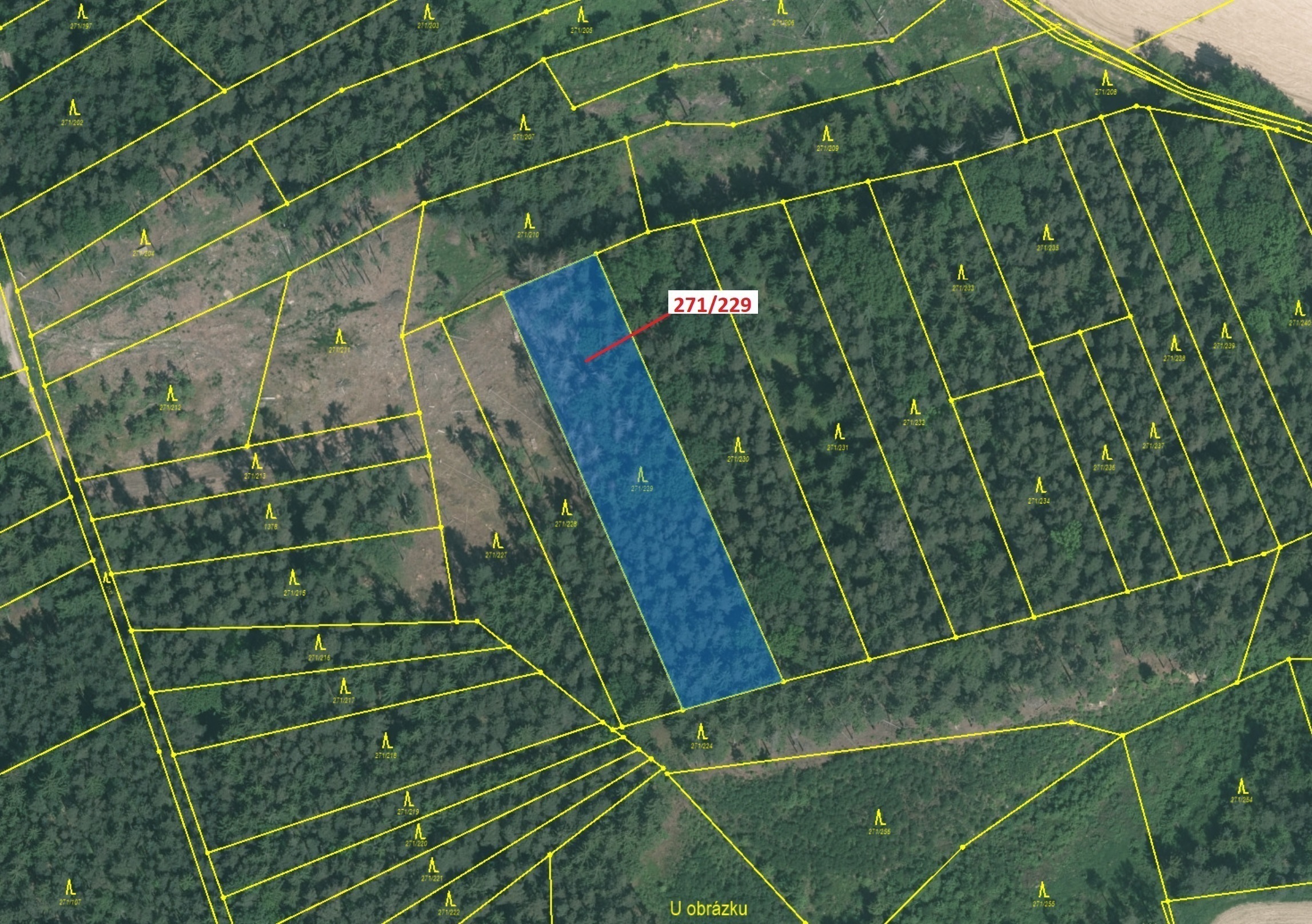 Lesní pozemek o výměře 3 695 m2, podíl 1/1, katastrální území Milavče, obec Milavče, obec s rozšířen