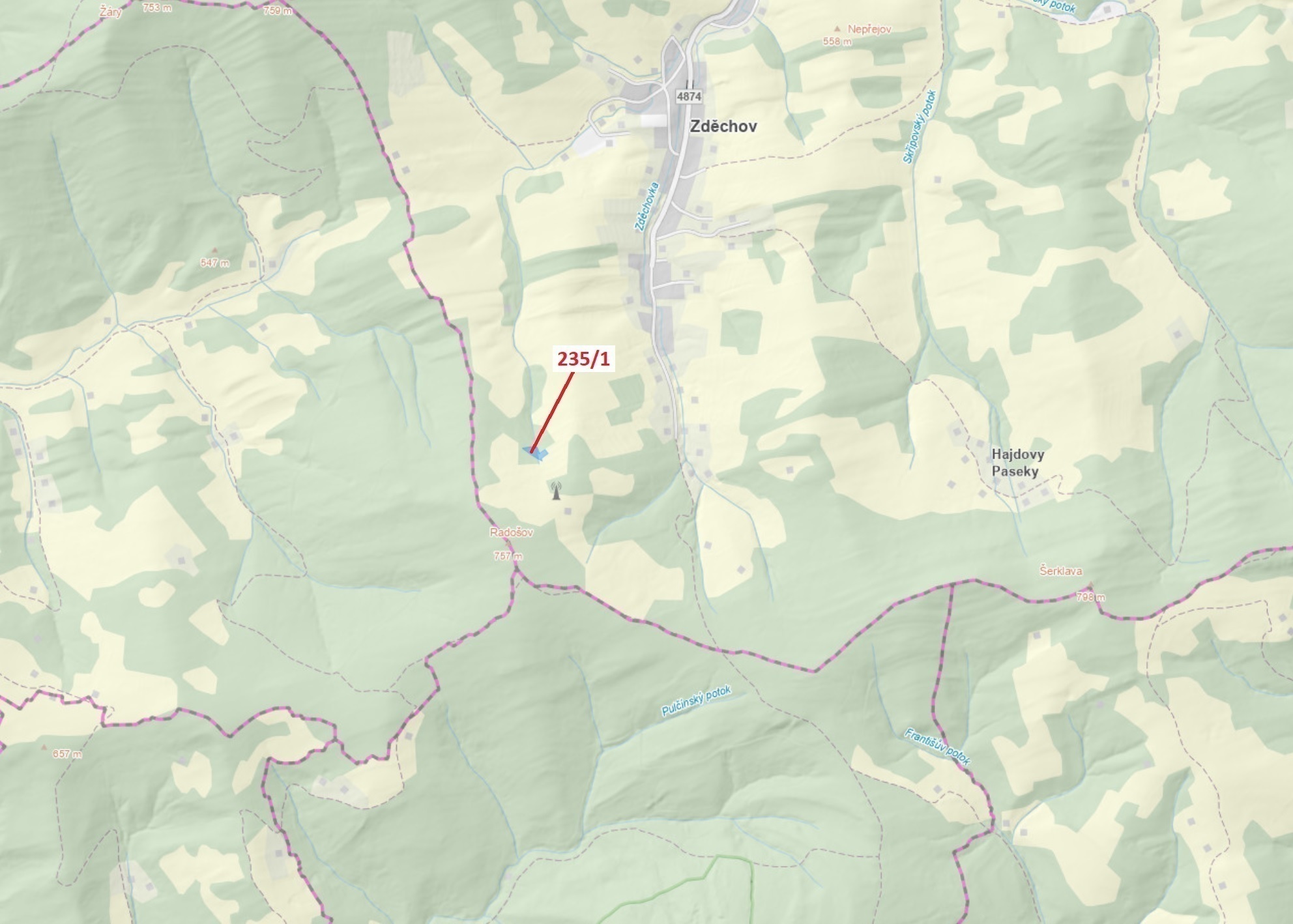 Lesní pozemek o výměře 2467 m2, podíl 1/1, katastrální území Zděchov, obec Zděchov, obec s rozšířeno