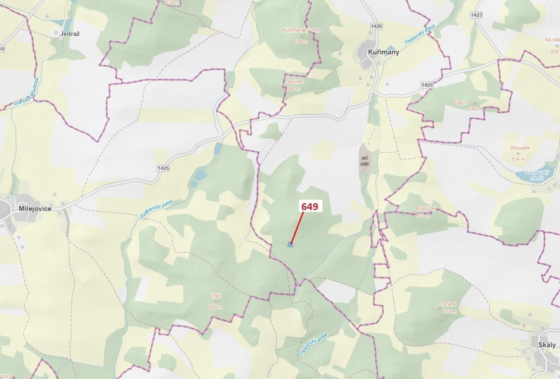Lesní pozemek o výměře 1722 m2, podíl 1/1, katastrální území Kuřimany, obec Kuřimany, obec s rozšíře