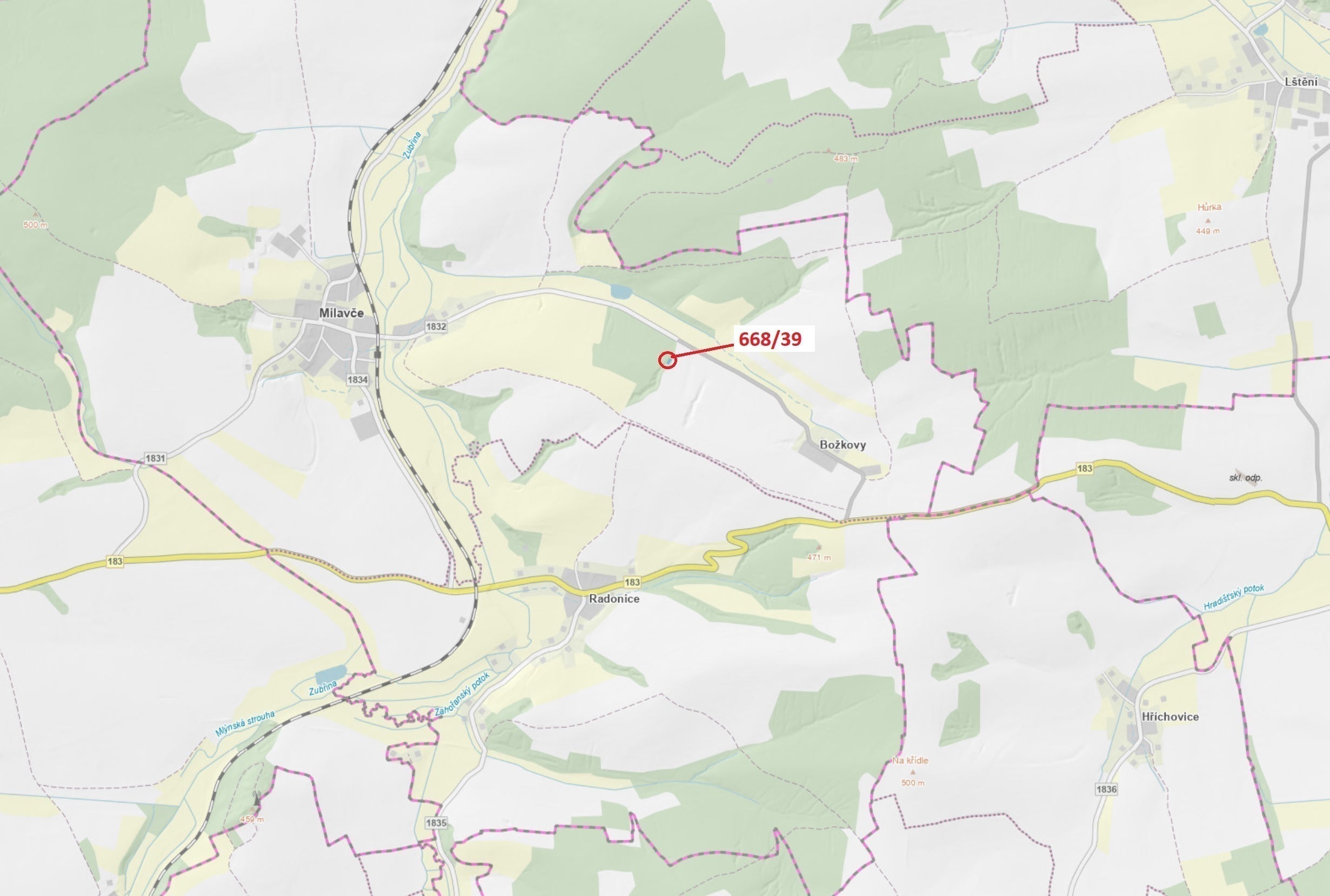 Lesní pozemek o výměře 222 m2, podíl 1/1, katastrální území Milavče, obec Milavče, obec s rozšířenou