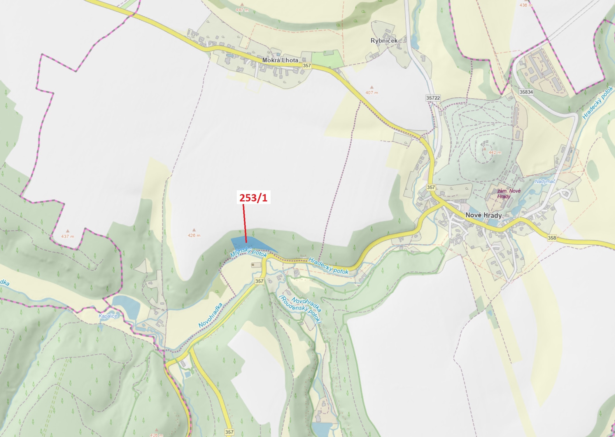 Lesní pozemek o výměře 7264 m2, podíl 1/1, katastrální území Mokrá Lhota, obec Nové Hrady, obec s ro