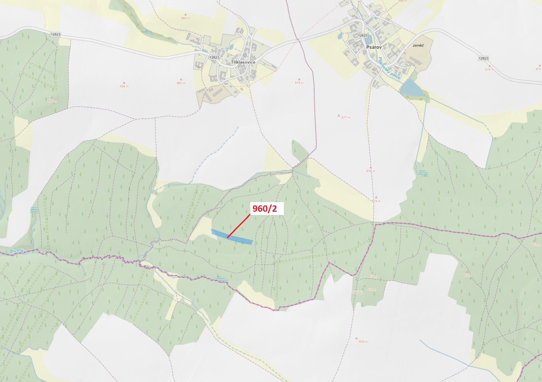 Lesní pozemek o výměře 7607 m2, podíl 1/1, katastrální území Psárov, obec Psárov, obec s rozšířenou 