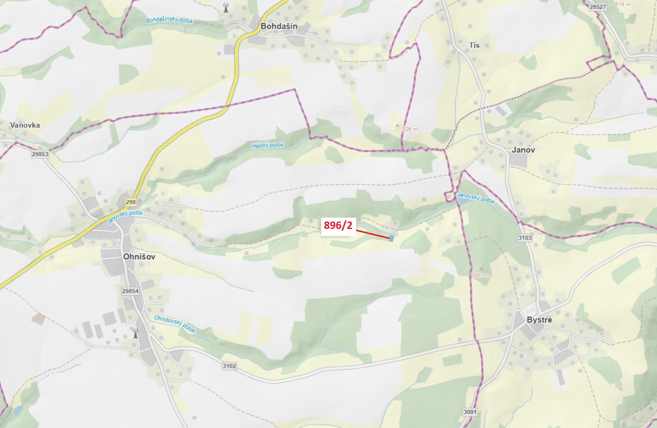 Lesní pozemek o výměře 978 m2, podíl 1/1, katastrální území Ohnišov, obec Ohnišov, obec s rozšířenou