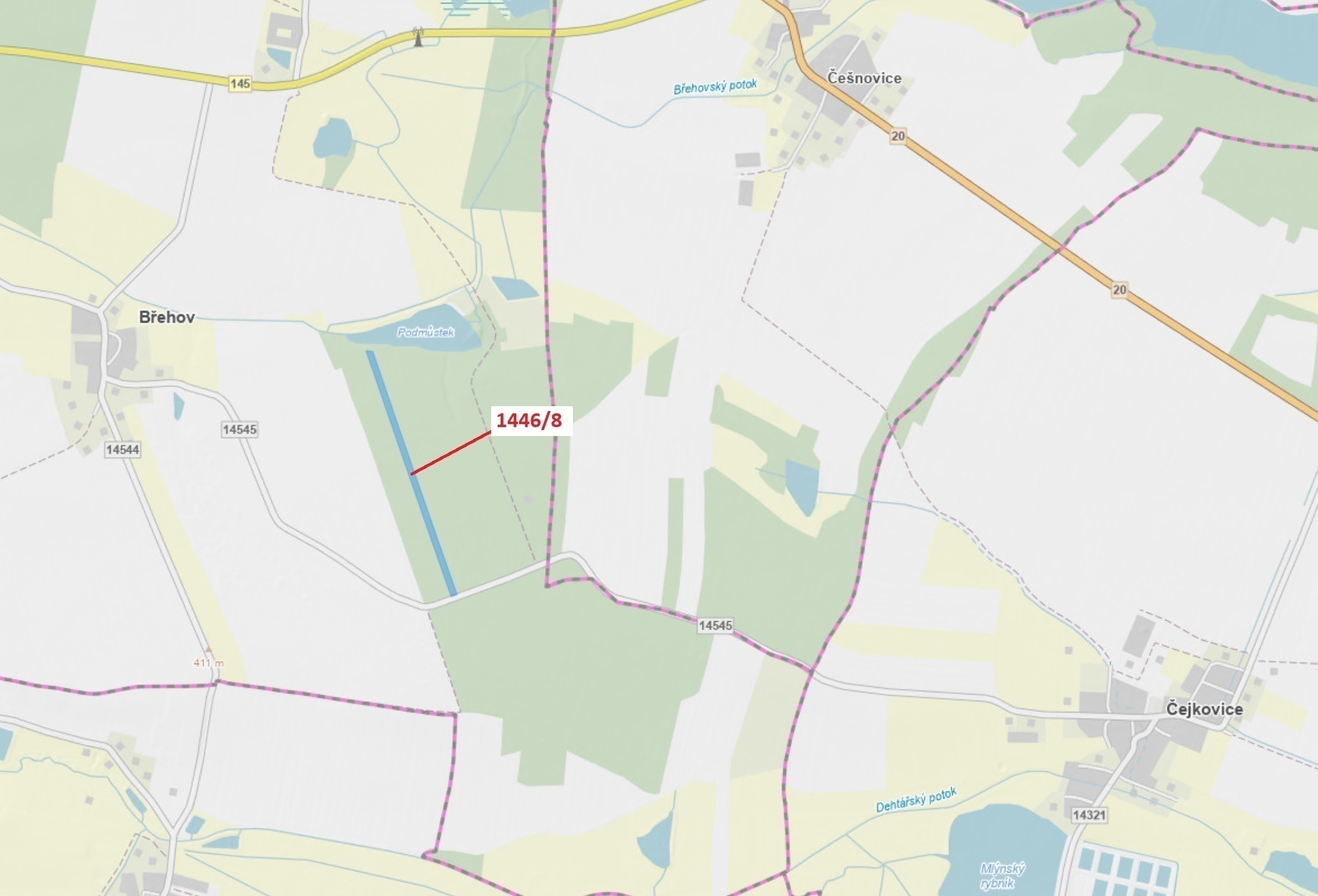Lesní pozemek o výměře 20 146 m2, podíl 1/1, katastrální území Břehov, obec Břehov, obec s rozšířeno