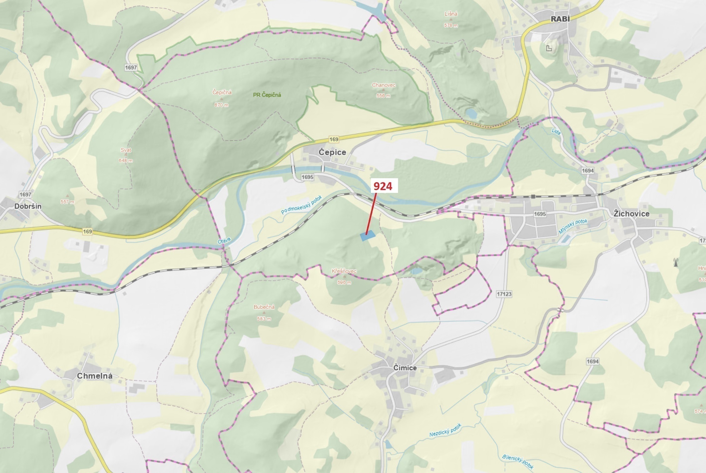 Lesní pozemek o výměře 6 042 m2, podíl 1/1, katastrální území Čepice, obec Rabí, obec s rozšířenou p