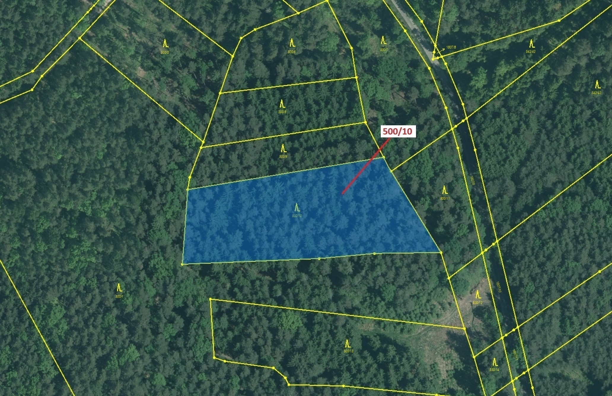 Lesní pozemek o výměře 5 755 m2, podíl 1/1, katastrální území Jílovice u Trhových Svinů, obec Jílovi