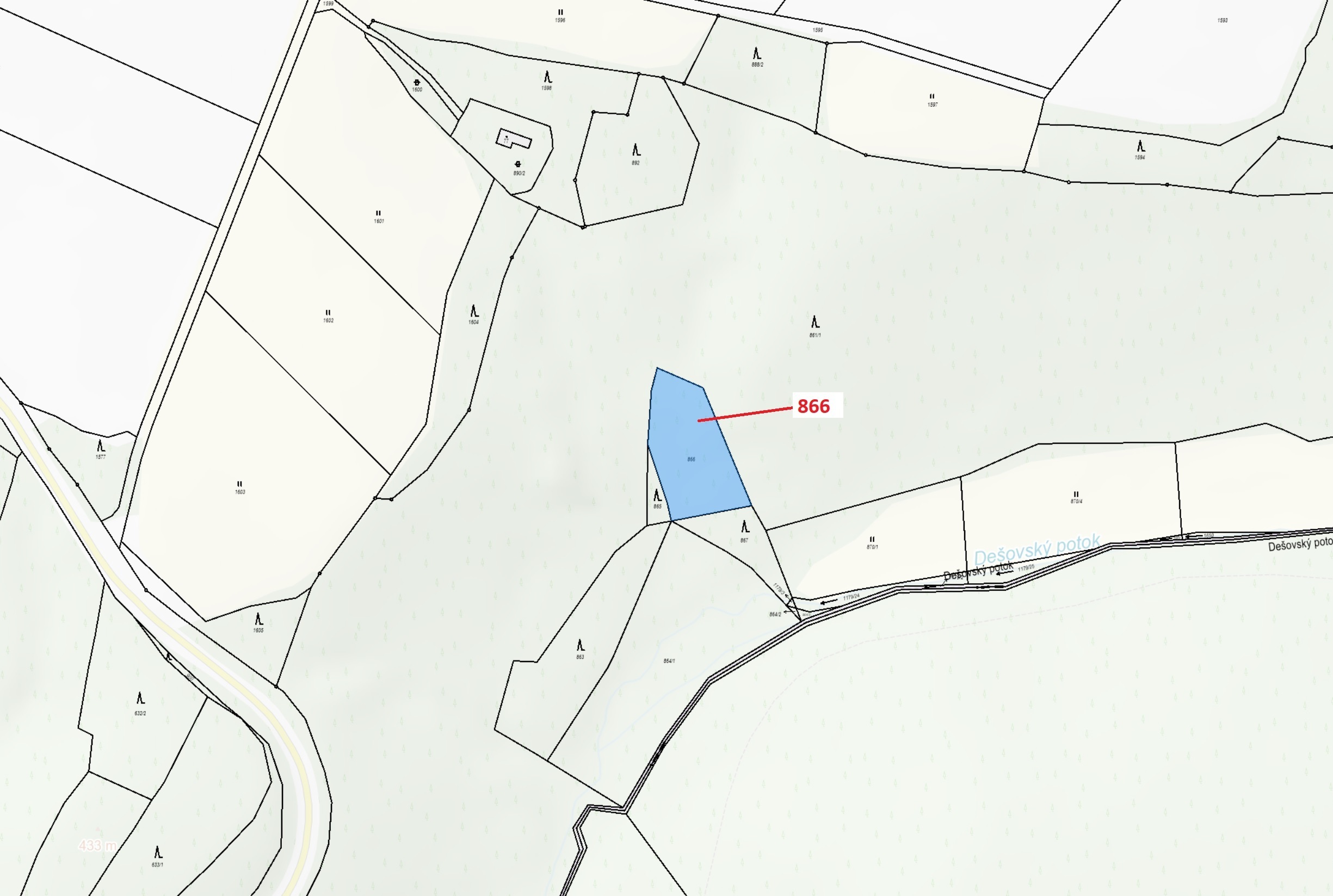 Ostatní plocha o výměře 1277 m2, podíl 1/1, katastrální území Malý Dešov, obec Dešov, obec s rozšíře