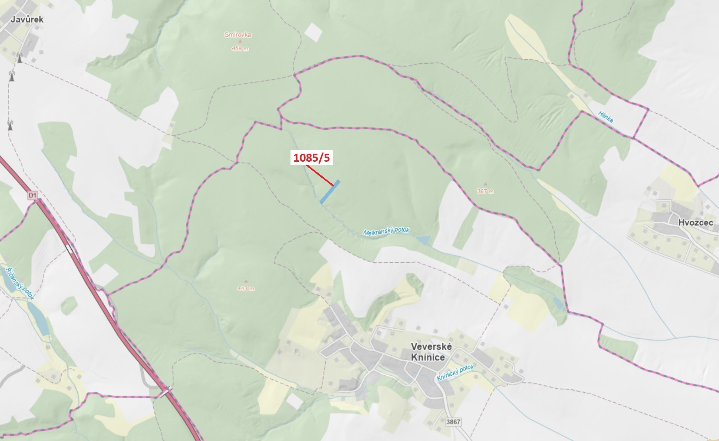 Lesní pozemek o výměře 3926 m2, podíl 1/1, katastrální území Veverské Knínice, obec Veverské Knínice