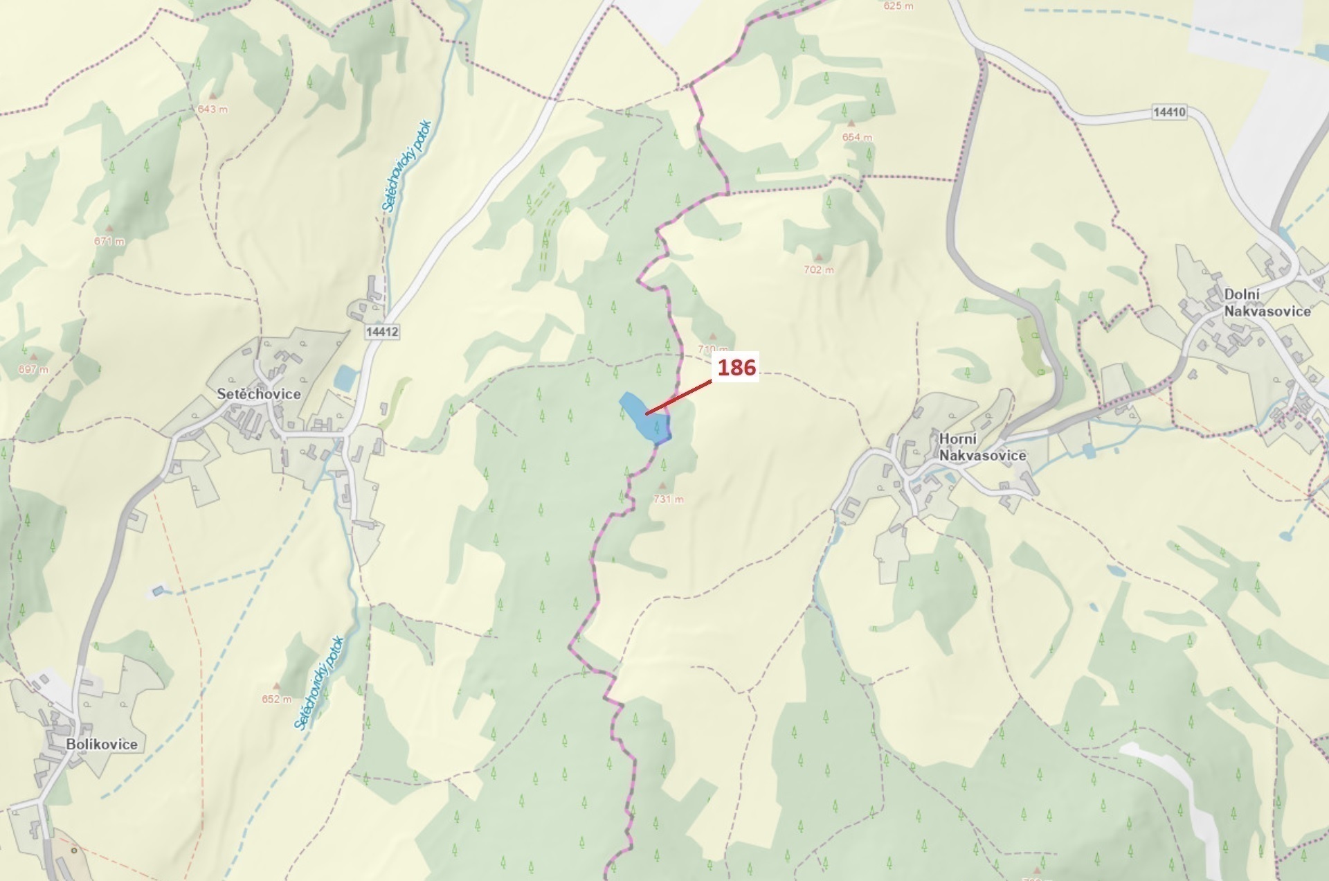 Lesní pozemek o výměře 4542 m2, podíl 1/1, katastrální území Setěchovice, obec Zálezly, obec s rozší