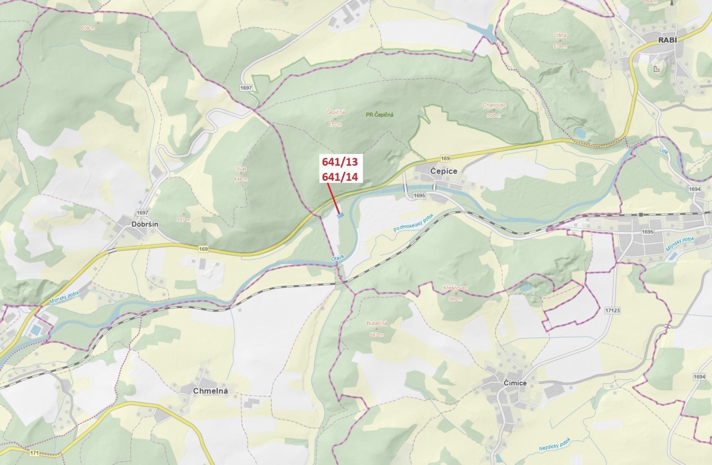 Lesní pozemky o výměře 1 958 m2, podíl 1/1, katastrální území Čepice, obec Rabí, obec s rozšířenou p