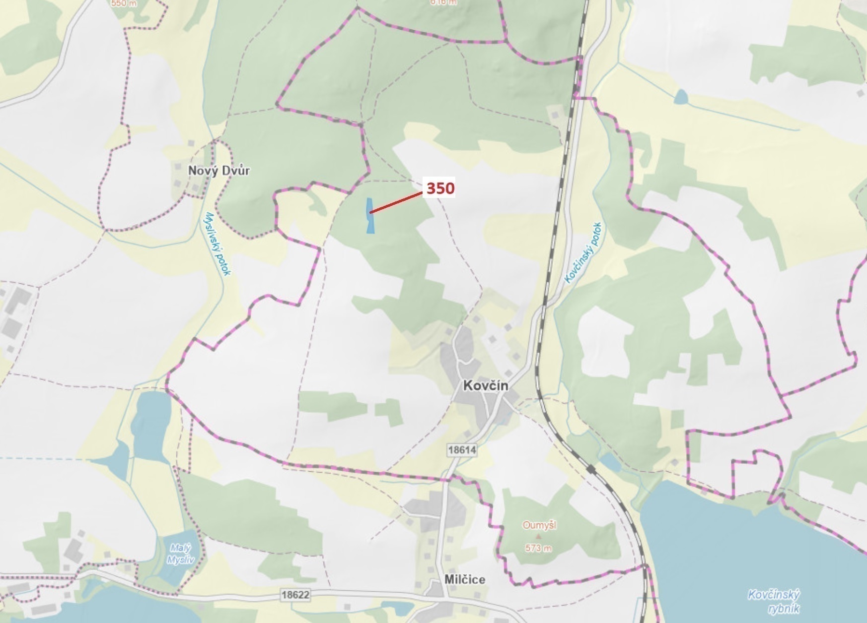 Lesní pozemek o výměře 3476 m2, podíl 1/1, katastrální území Kovčín, obec Kovčín, obec s rozšířenou 