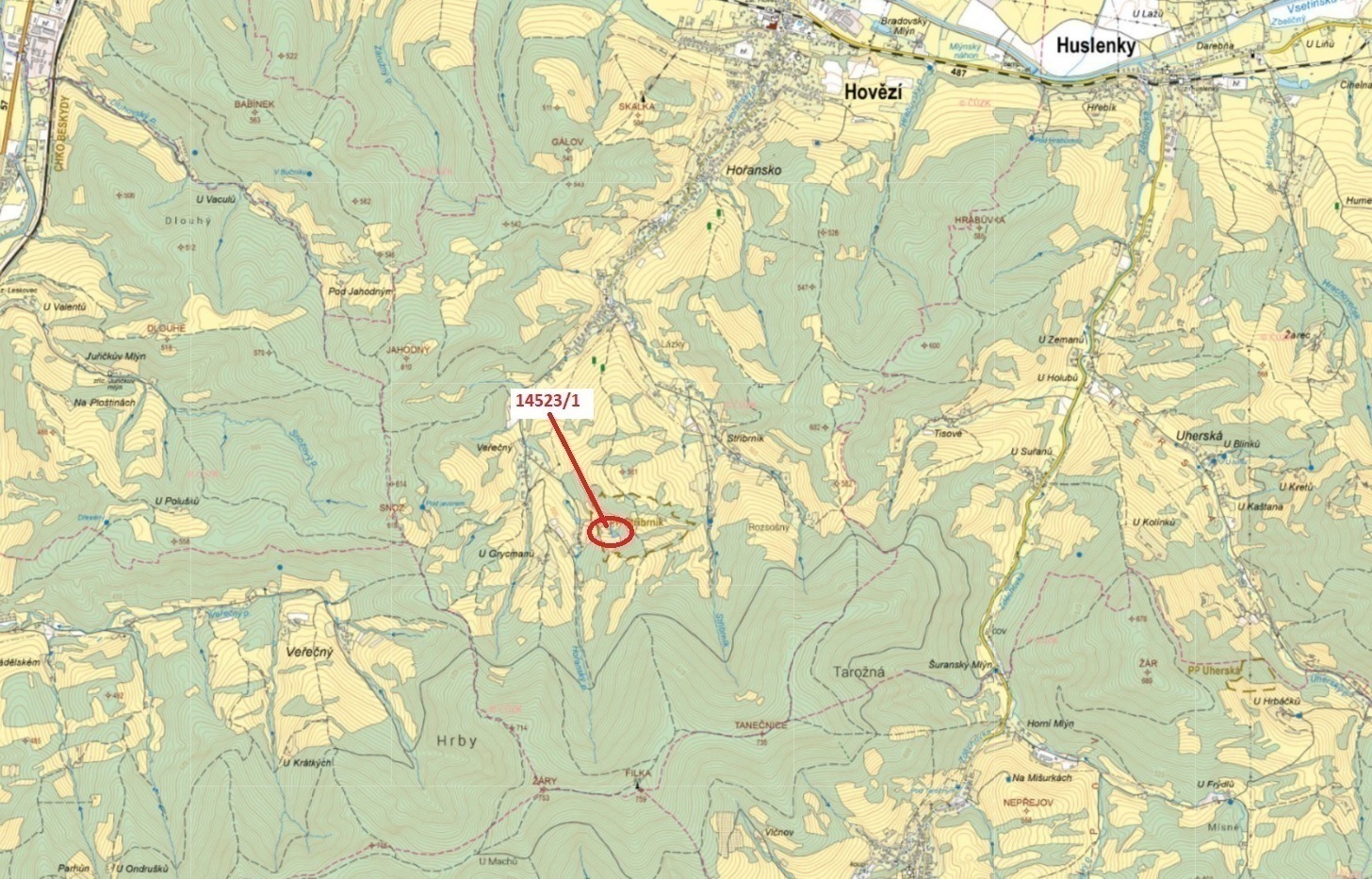Lesní pozemek o výměře 1547 m2, podíl 1/1, katastrální území Hovězí, obec Hovězí, obec s rozšířenou 