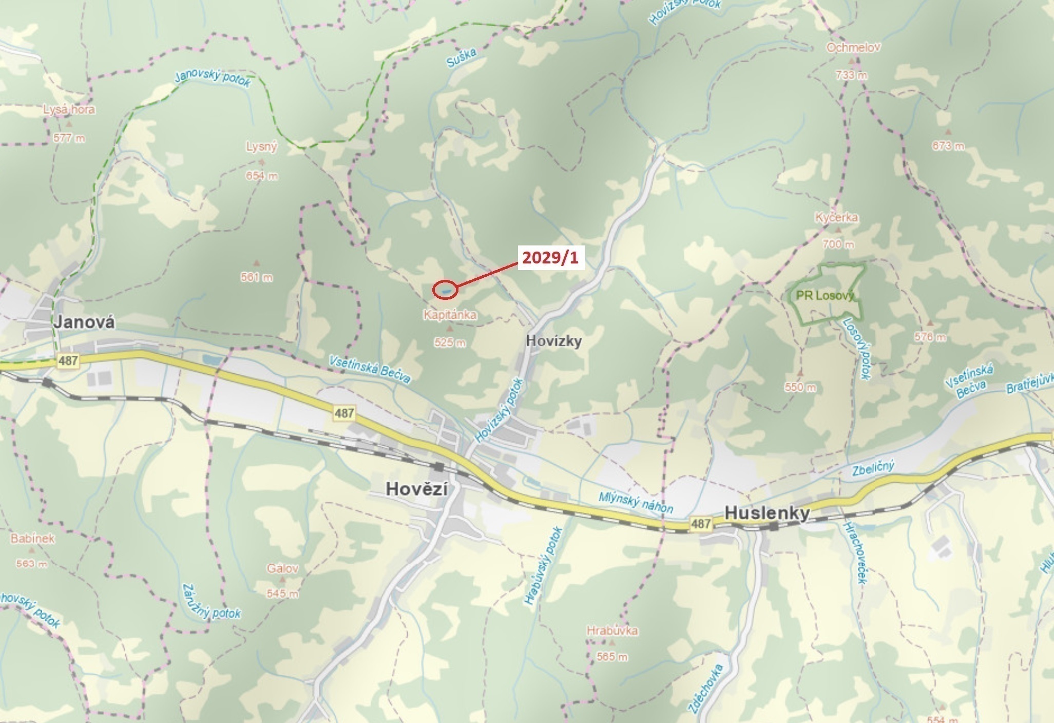 Lesní pozemek o výměře 680 m2, podíl 1/1, katastrální území Hovězí, obec Hovězí, obec s rozšířenou p