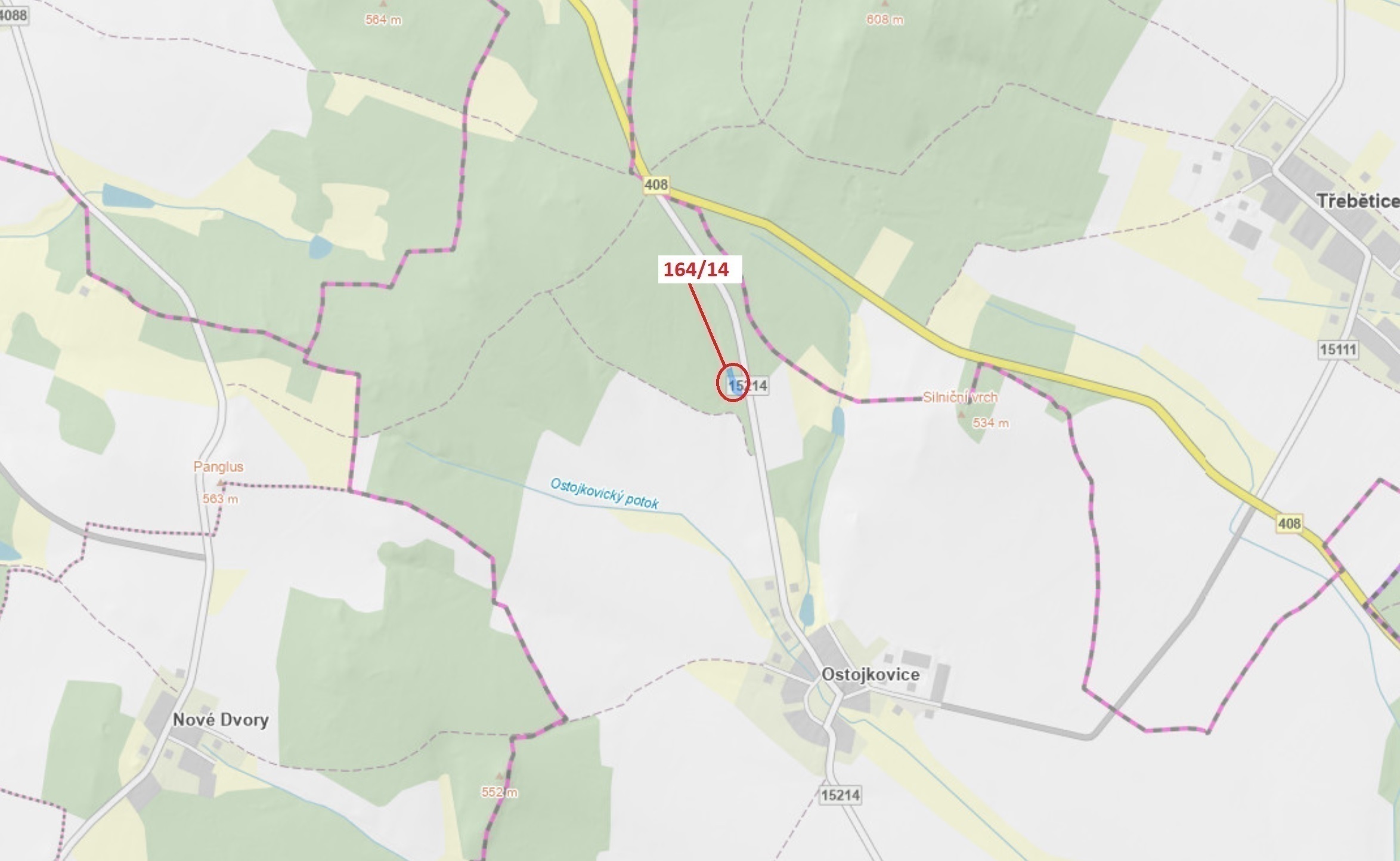 Lesní pozemek o výměře 1580 m2, podíl 1/1, katastrální území Ostojkovice, obec Budíškovice, obec s r