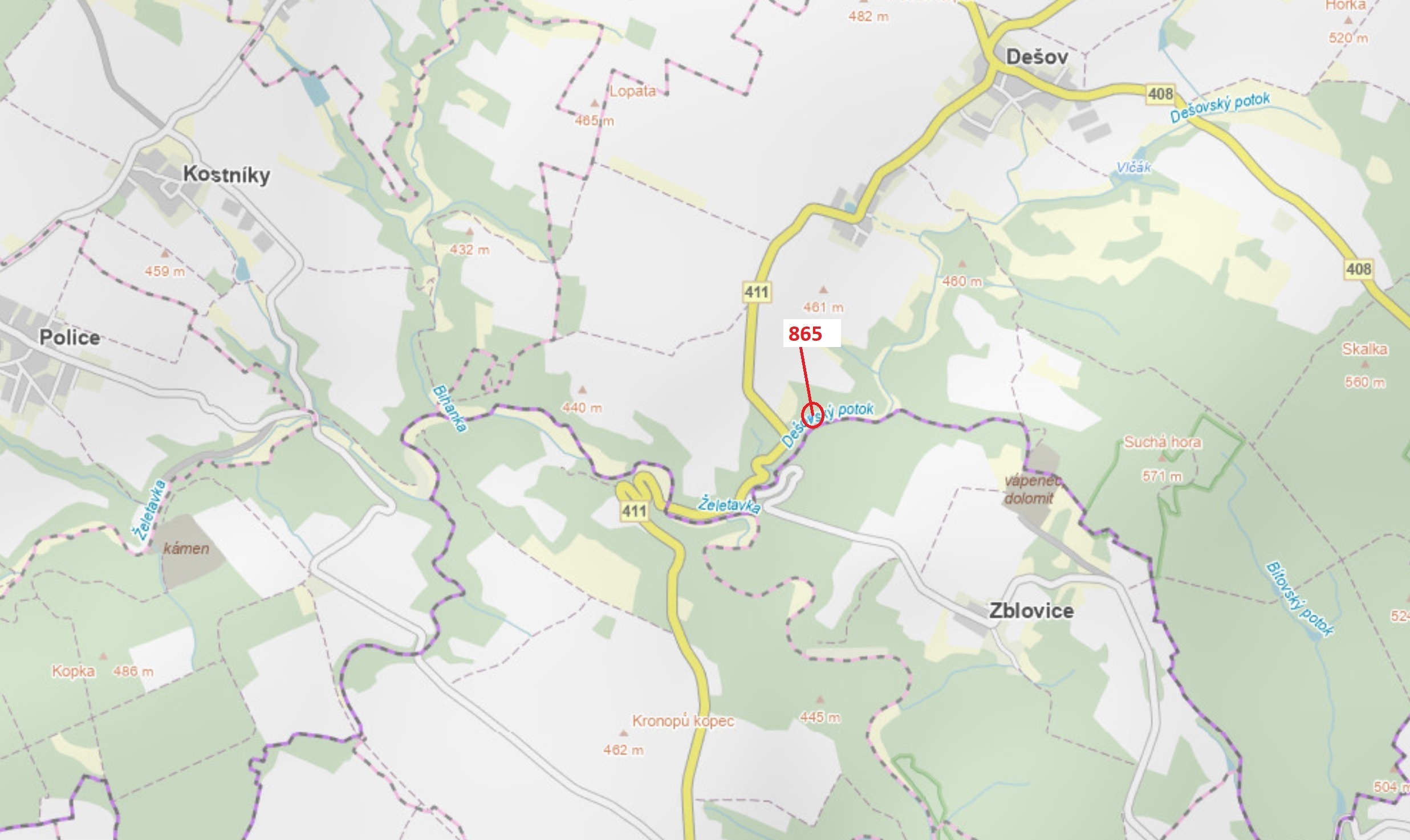 Lesní pozemek o výměře 111 m2, podíl 1/1, katastrální území Malý Dešov, obec Dešov, obec s rozšířeno