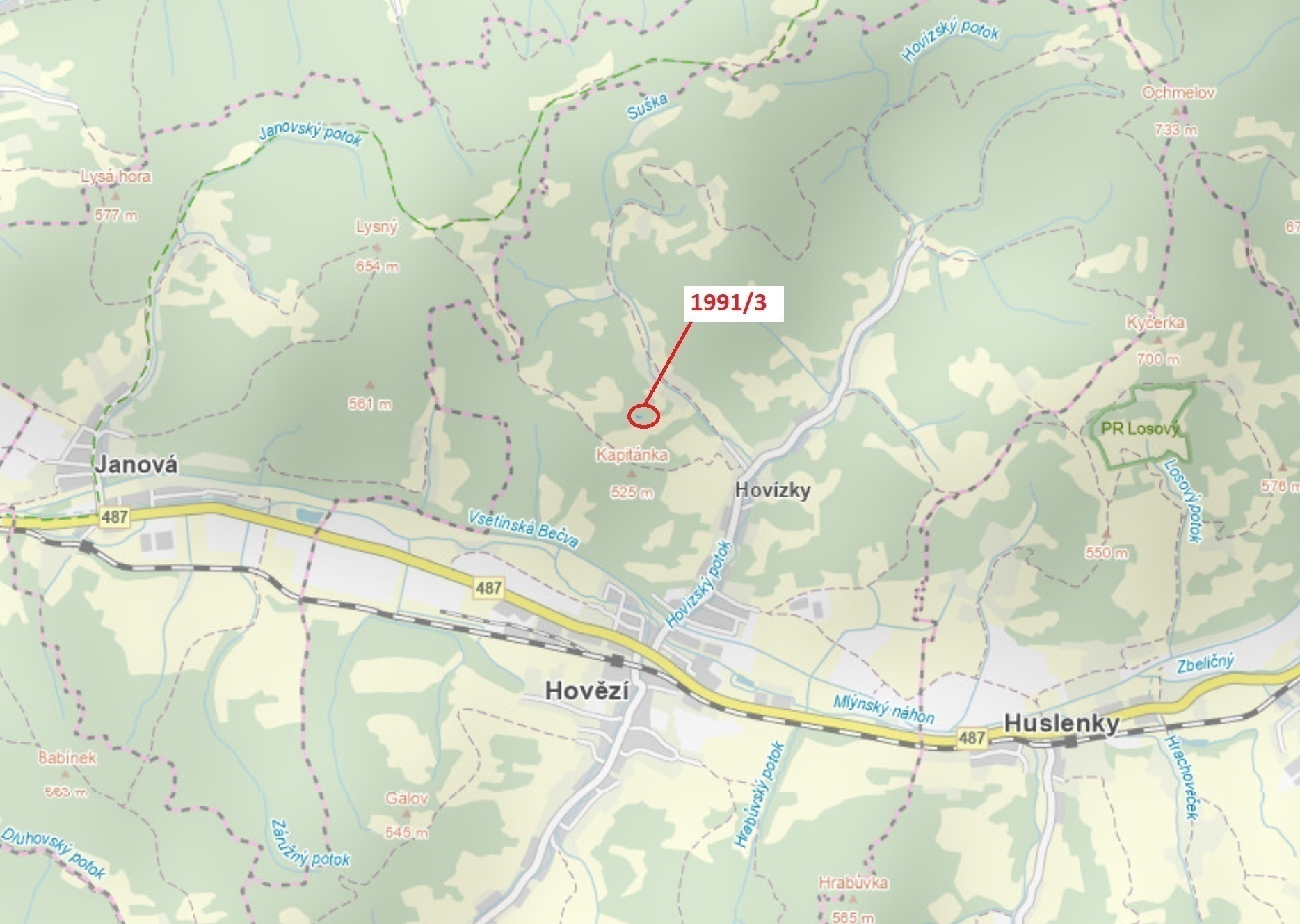 Lesní pozemek o výměře 115 m2, podíl 1/1, katastrální území Hovězí, obec Hovězí, obec s rozšířenou p