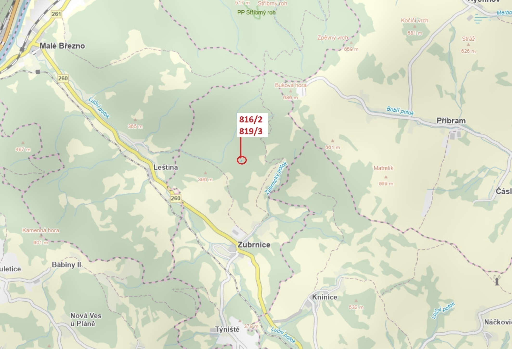 Lesní pozemky o výměře 85 m2, podíl  9/10, katastrální území Zubrnice, obec Zubrnice, obec s rozšíře