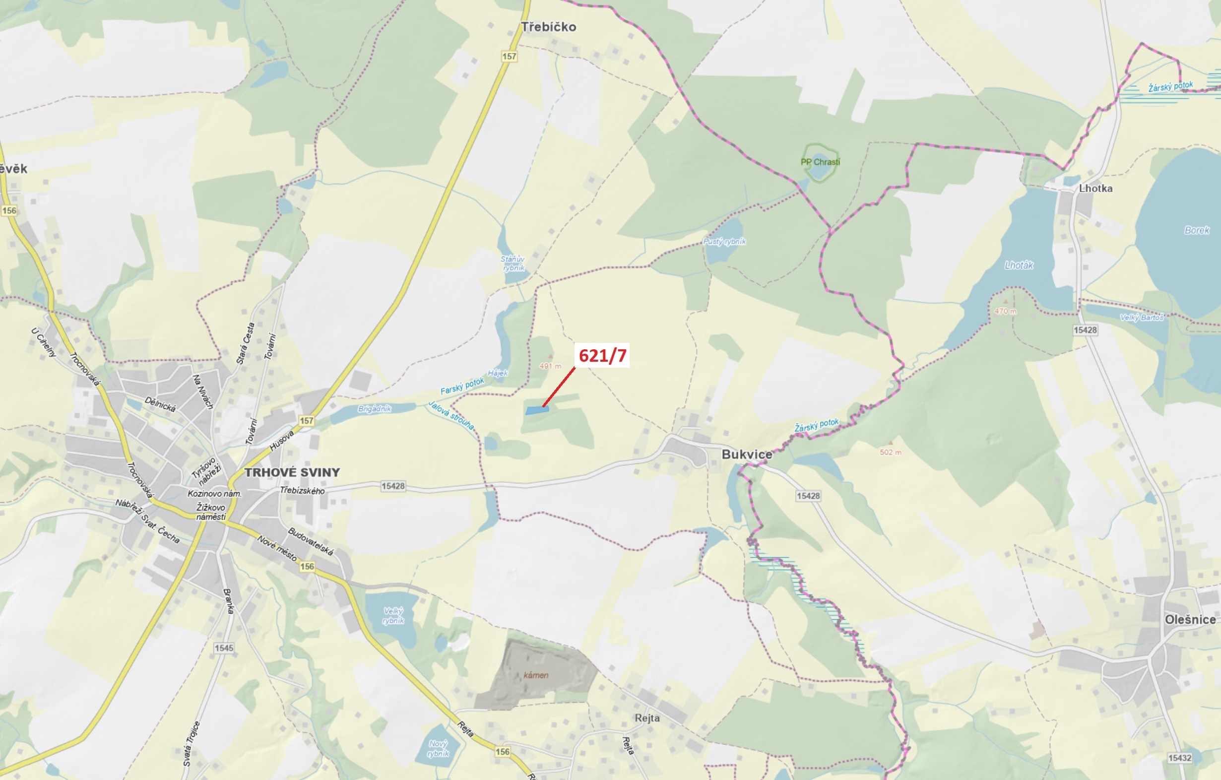 Lesní pozemek o výměře 3603 m2, podíl 1/1, katastrální území Bukvice u Trhových Svinů, obec Trhové S