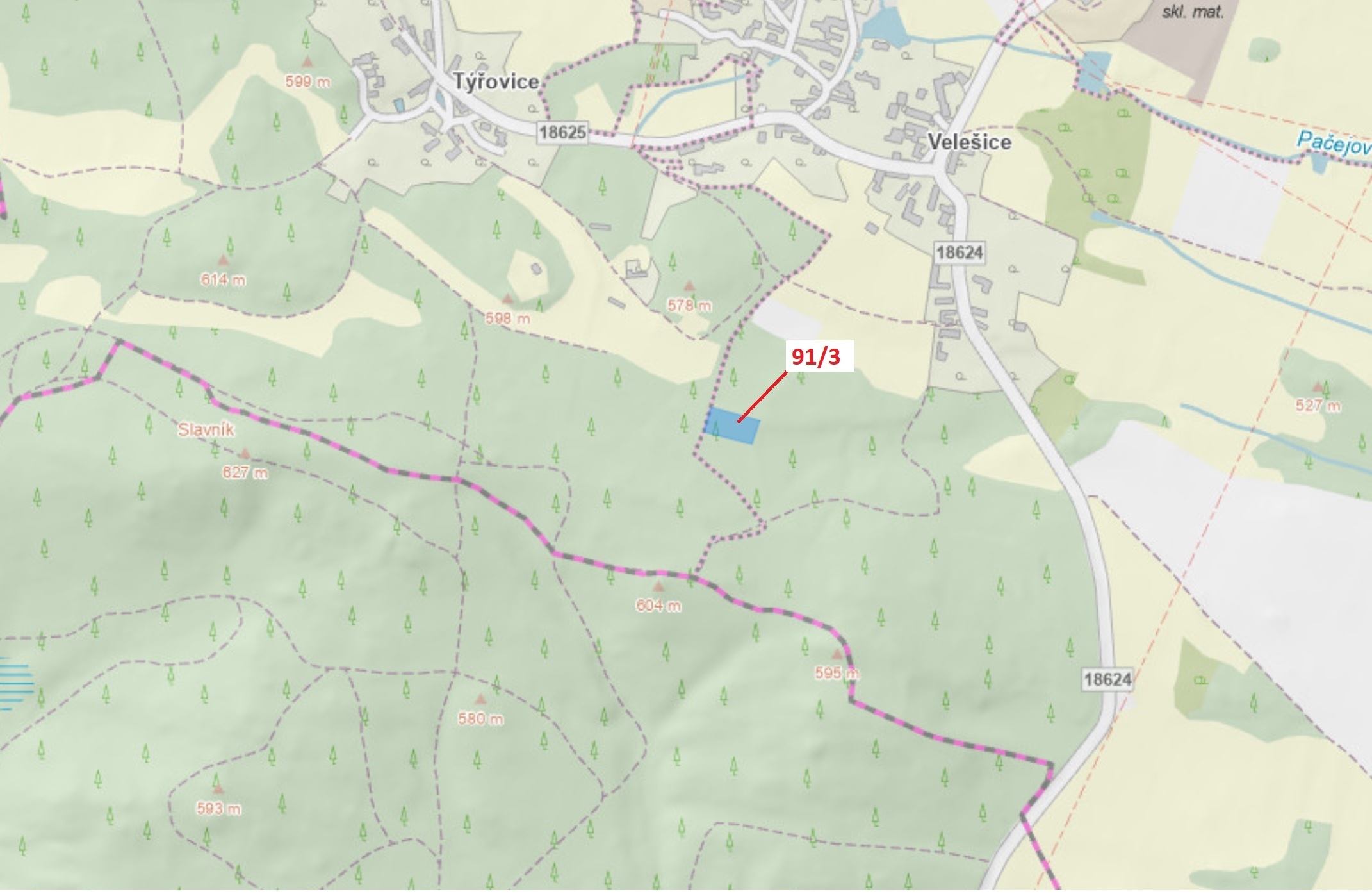 Lesní pozemek o výměře 1958 m2, podíl 1/1, katastrální území Velešice u Pačejova, obec Pačejov, obec