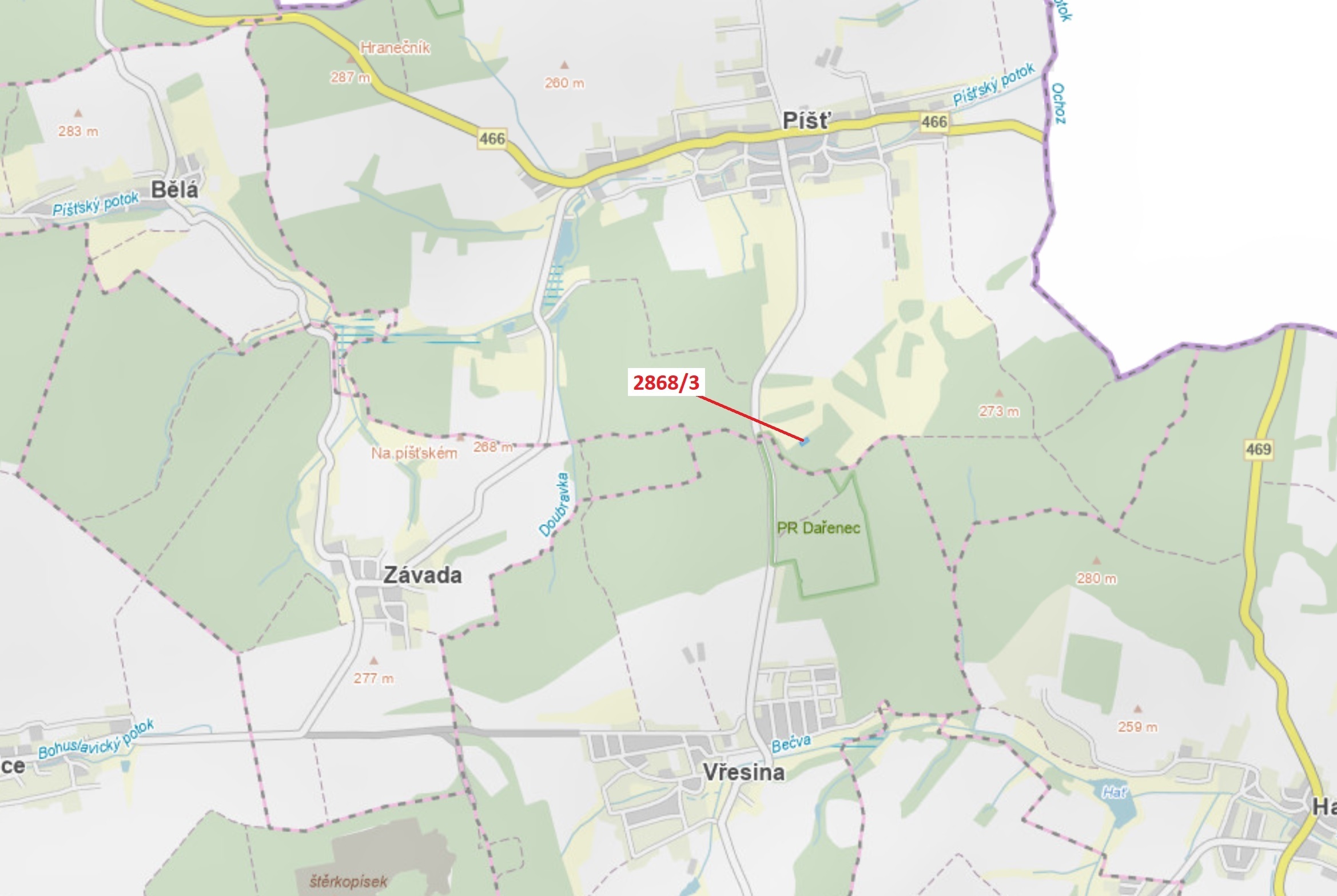 Lesní pozemek o výměře 1321 m2, podíl 1/1, katastrální území Píšť, obec Píšť, obec s rozšířenou půso