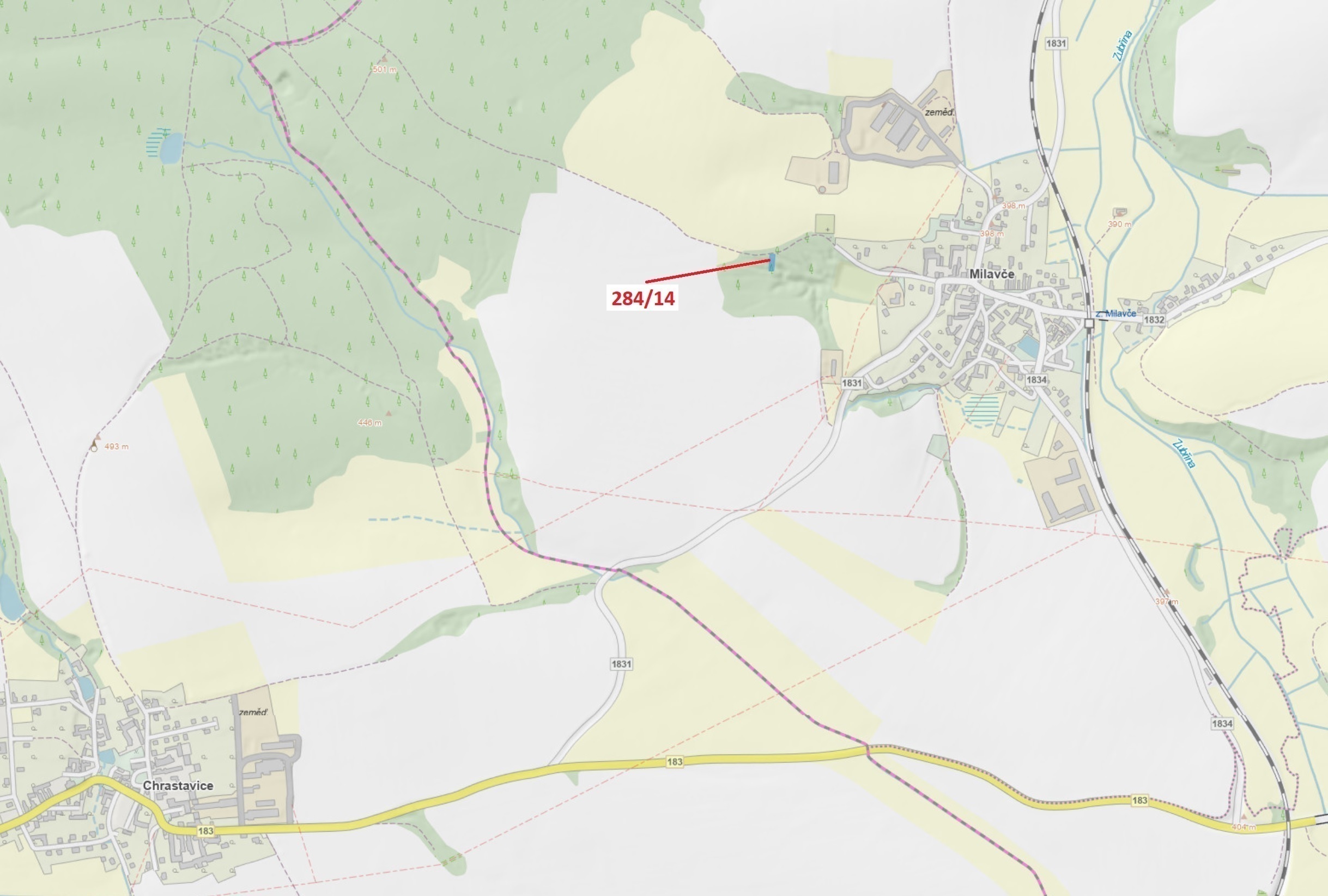 Lesní pozemek o výměře 441 m2, podíl 1/1, katastrální území Milavče, obec Milavče, obec s rozšířenou