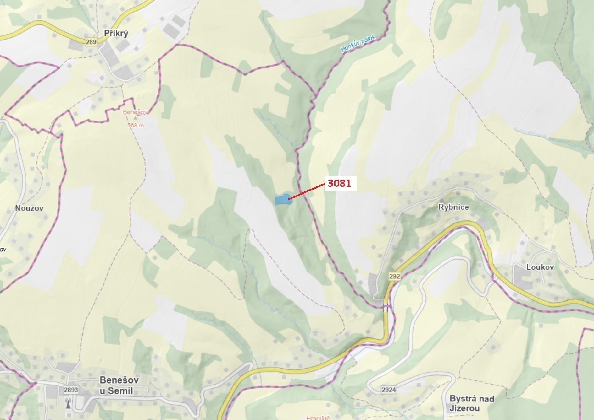Lesní pozemek o výměře 6 213 m2, podíl 1/1, katastrální území Benešov u Semil, obec Benešov u Semil,