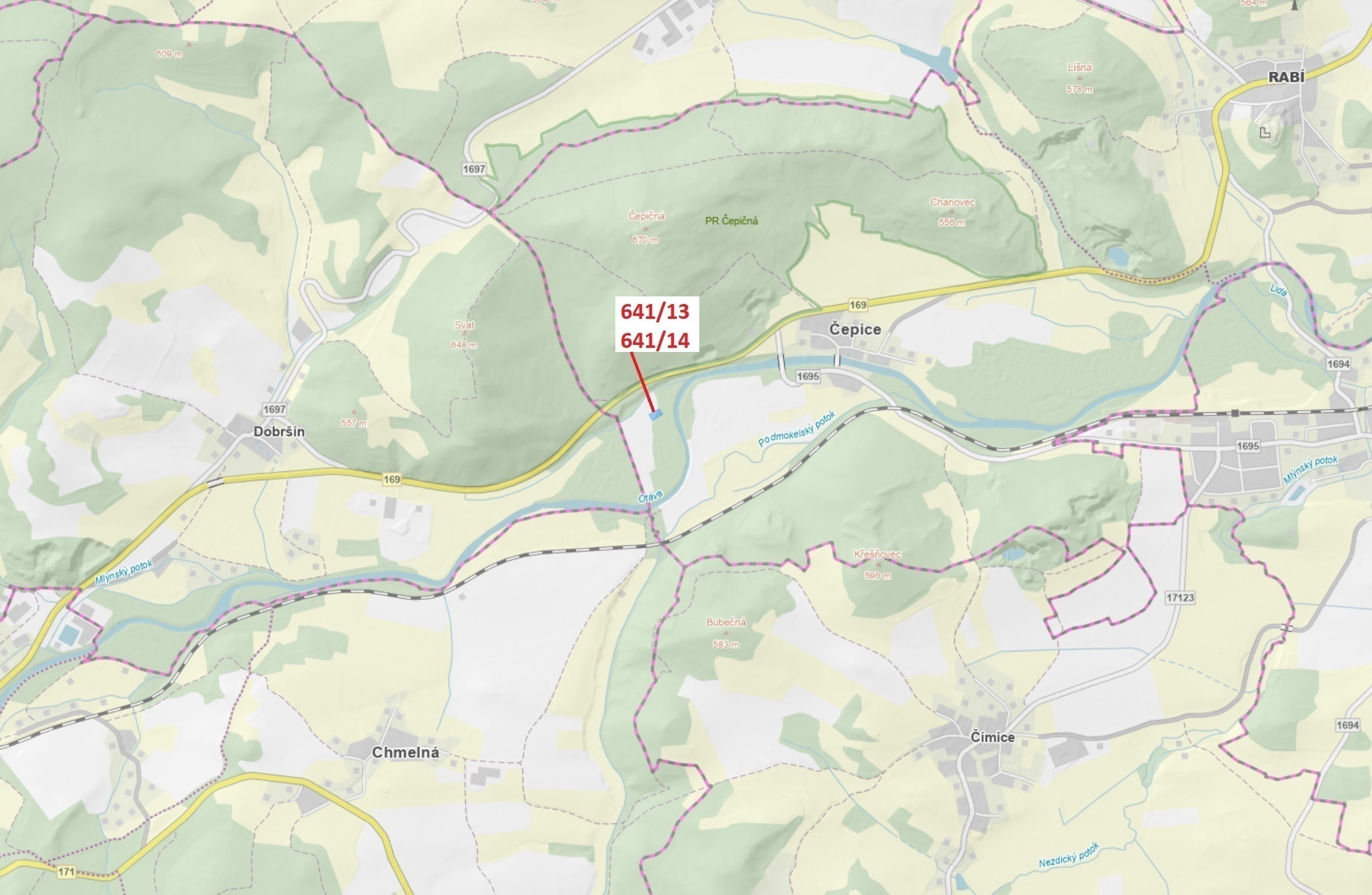 Lesní pozemky o výměře 1 958 m2, podíl 1/1, katastrální území Čepice, obec Rabí, obec s rozšířenou p