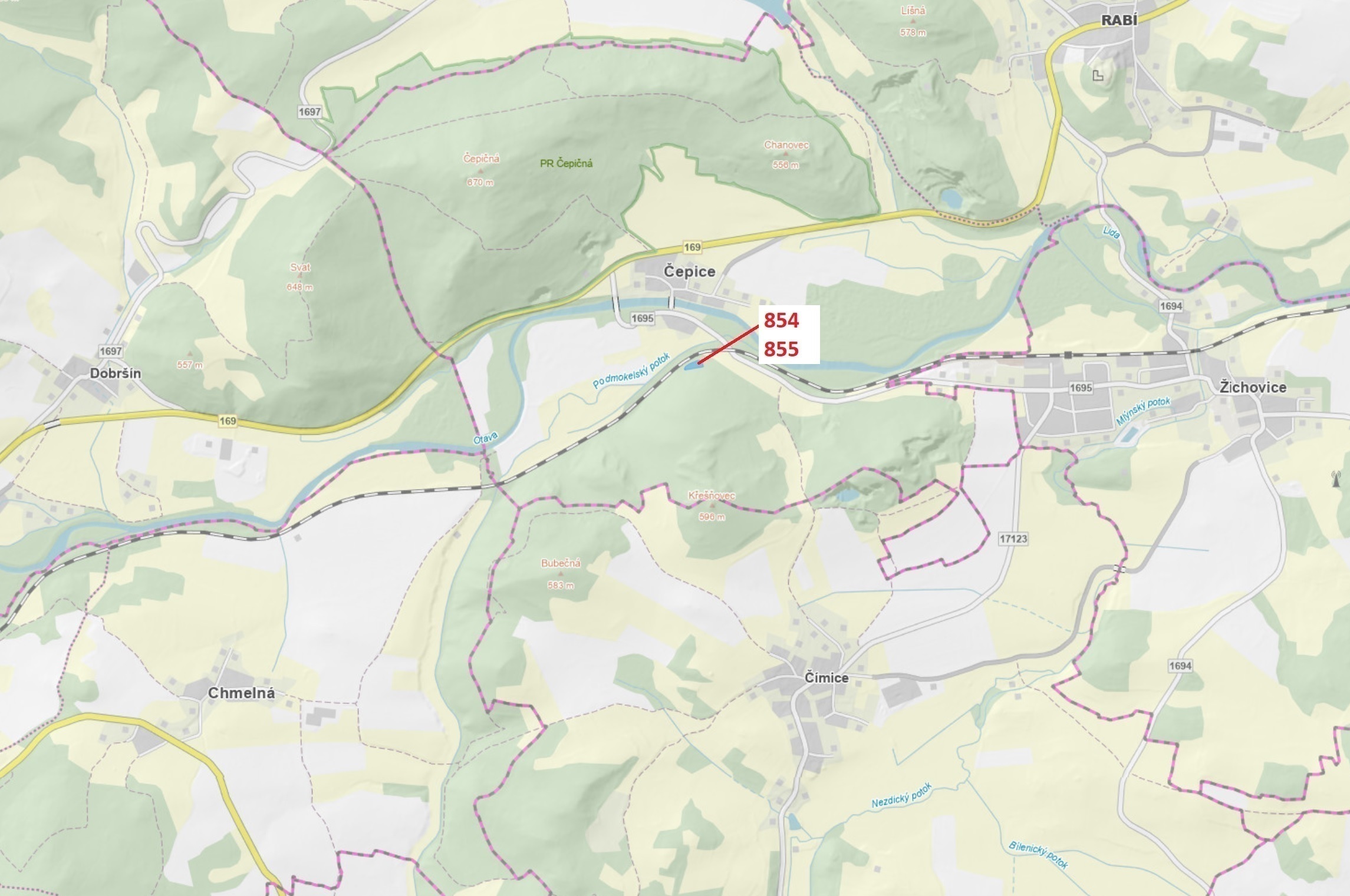Lesní pozemky o výměře 2 561 m2, podíl 1/1, katastrální území Čepice, obec Rabí, obec s rozšířenou p