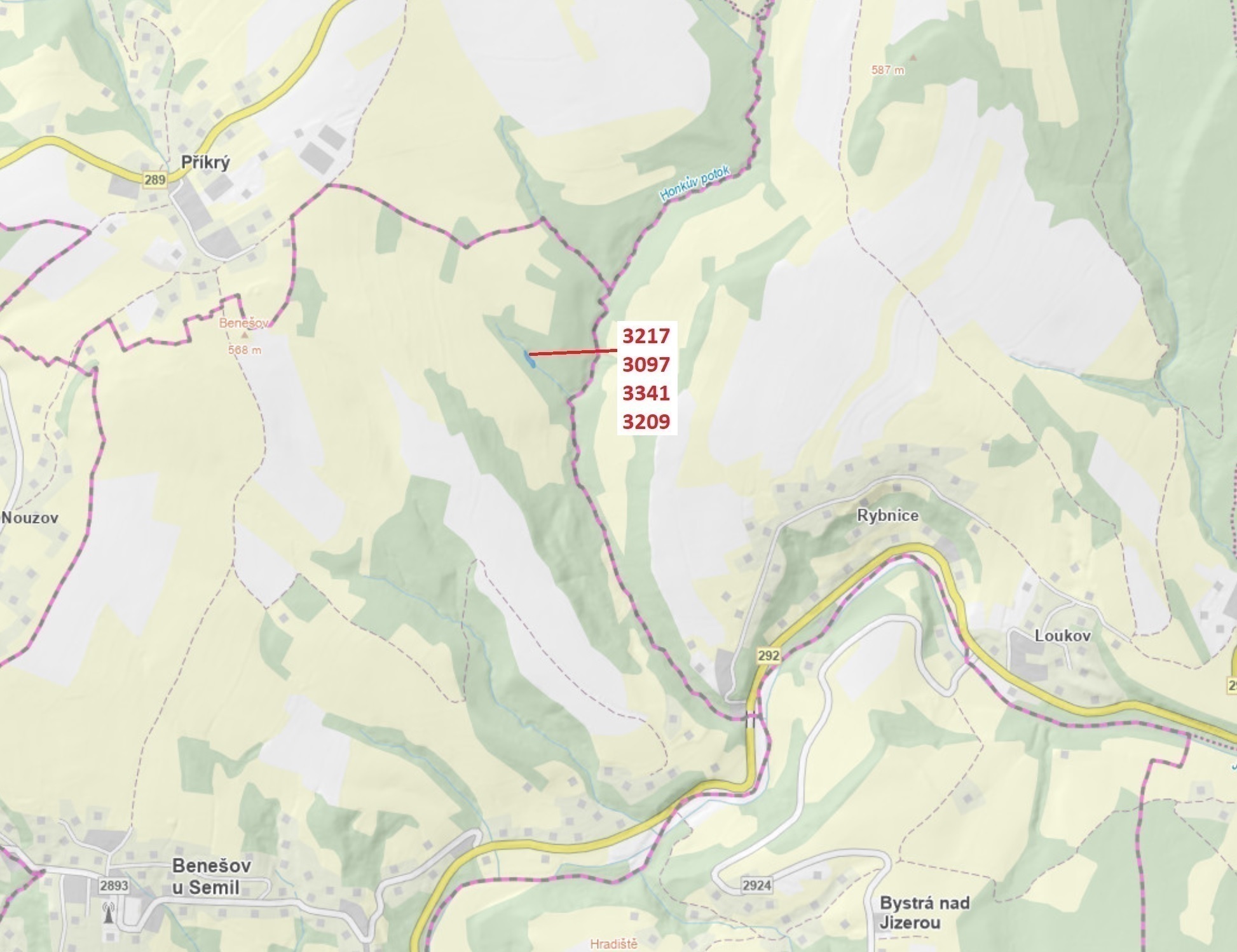 Lesní pozemky a vodní plocha o výměře 1649 m2, podíl 1/1, katastrální území Benešov u Semil, obec Be