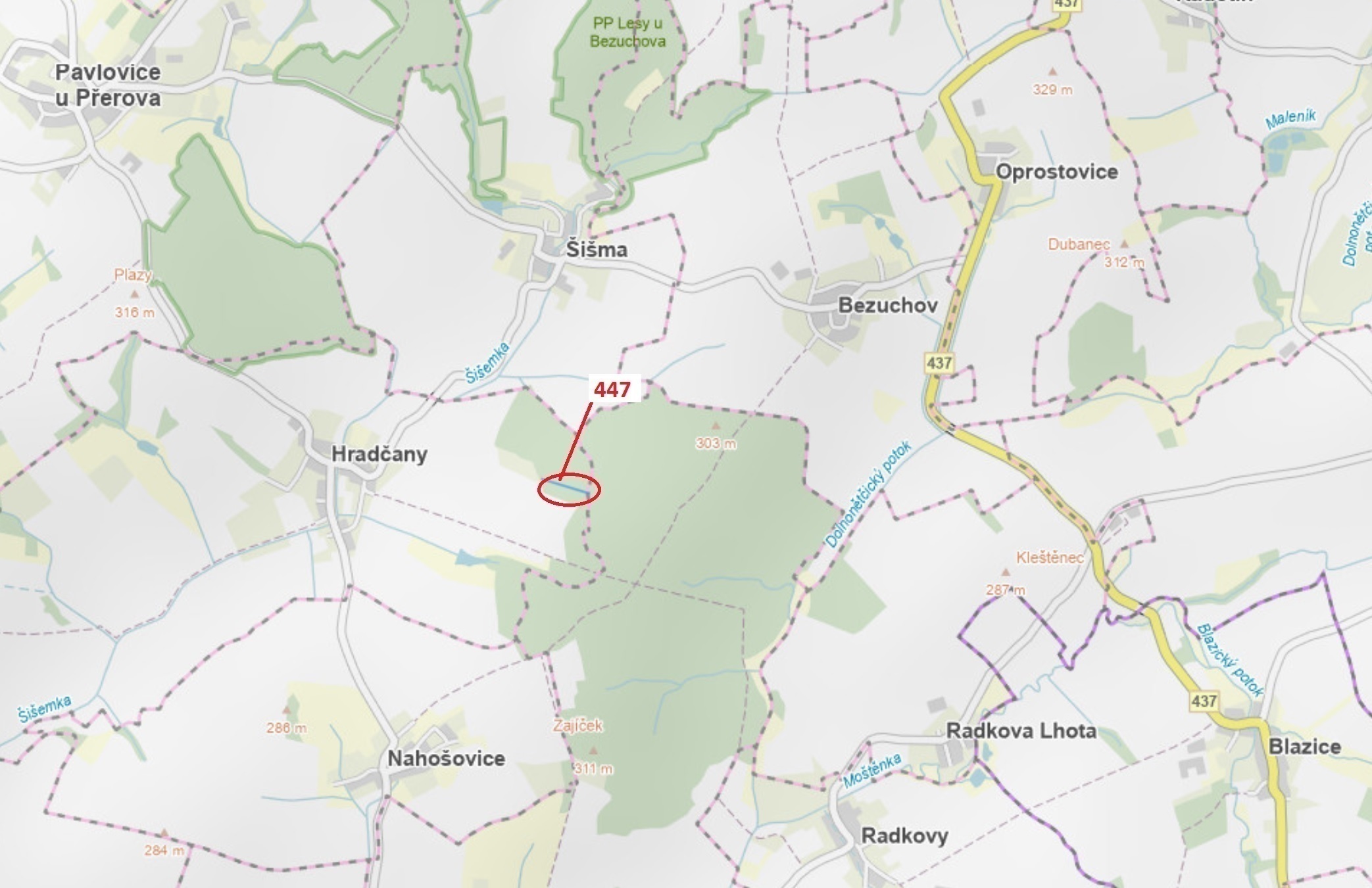 Lesní pozemek o výměře 1989 m2, podíl 1/1, katastrální území Hradčany na Moravě, obec Hradčany, obec