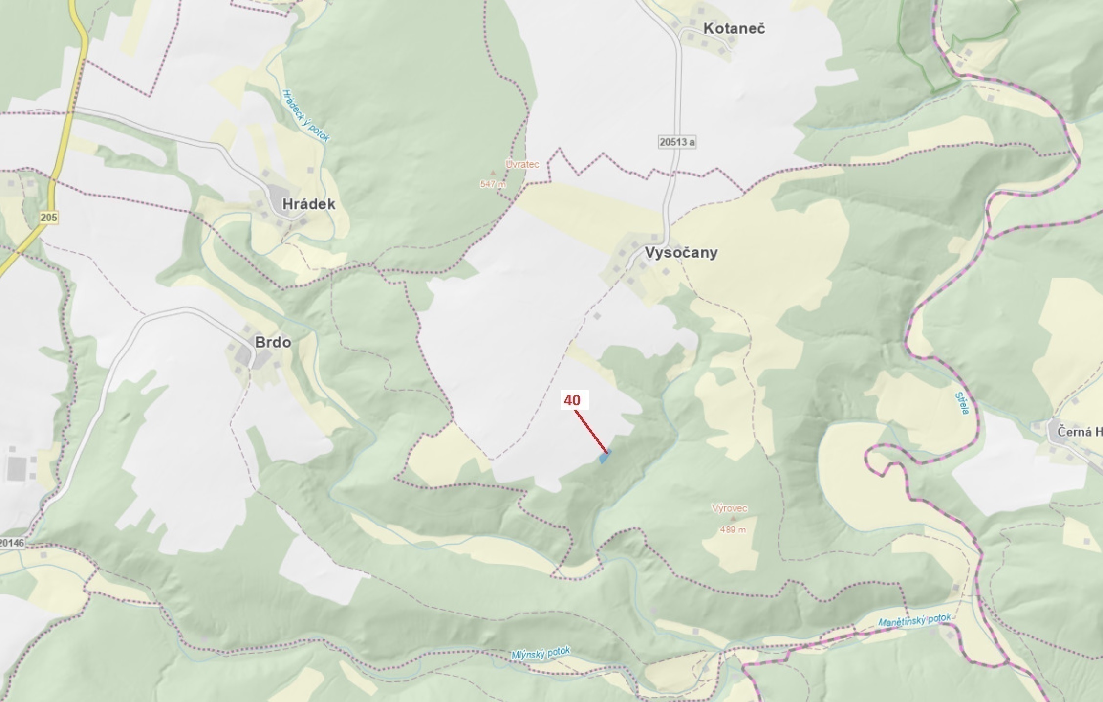 Lesní pozemek o výměře 1403 m2, podíl 1/1, katastrální území Vysočany u Manětína, obec Manětín, obec