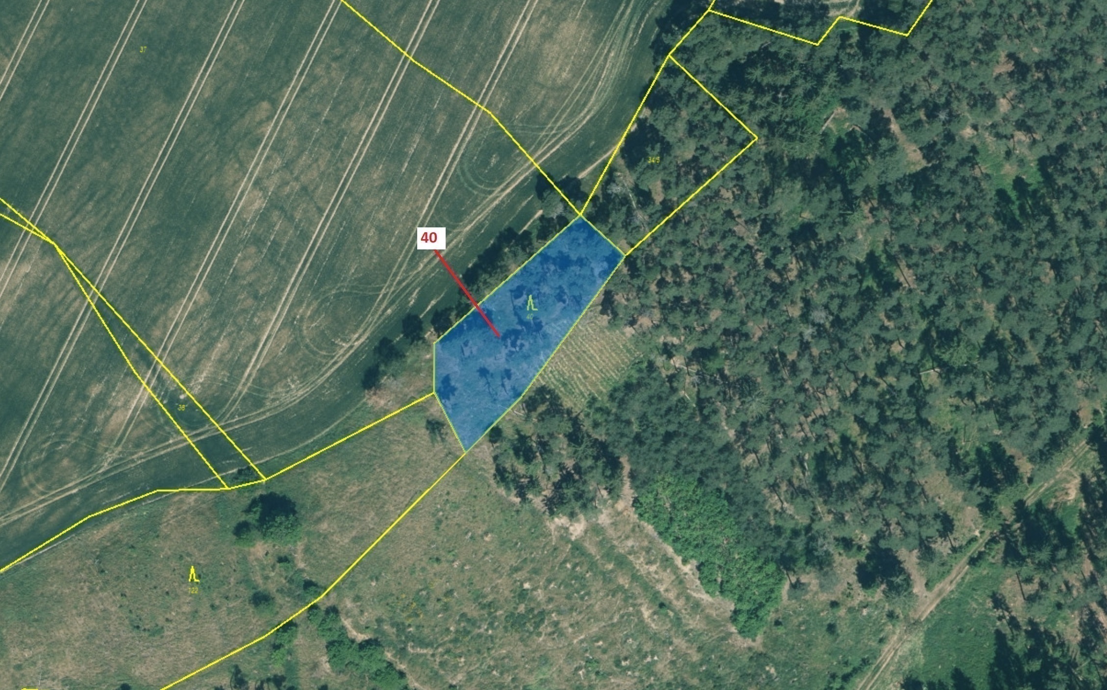 Lesní pozemek o výměře 1403 m2, podíl 1/1, katastrální území Vysočany u Manětína, obec Manětín, obec