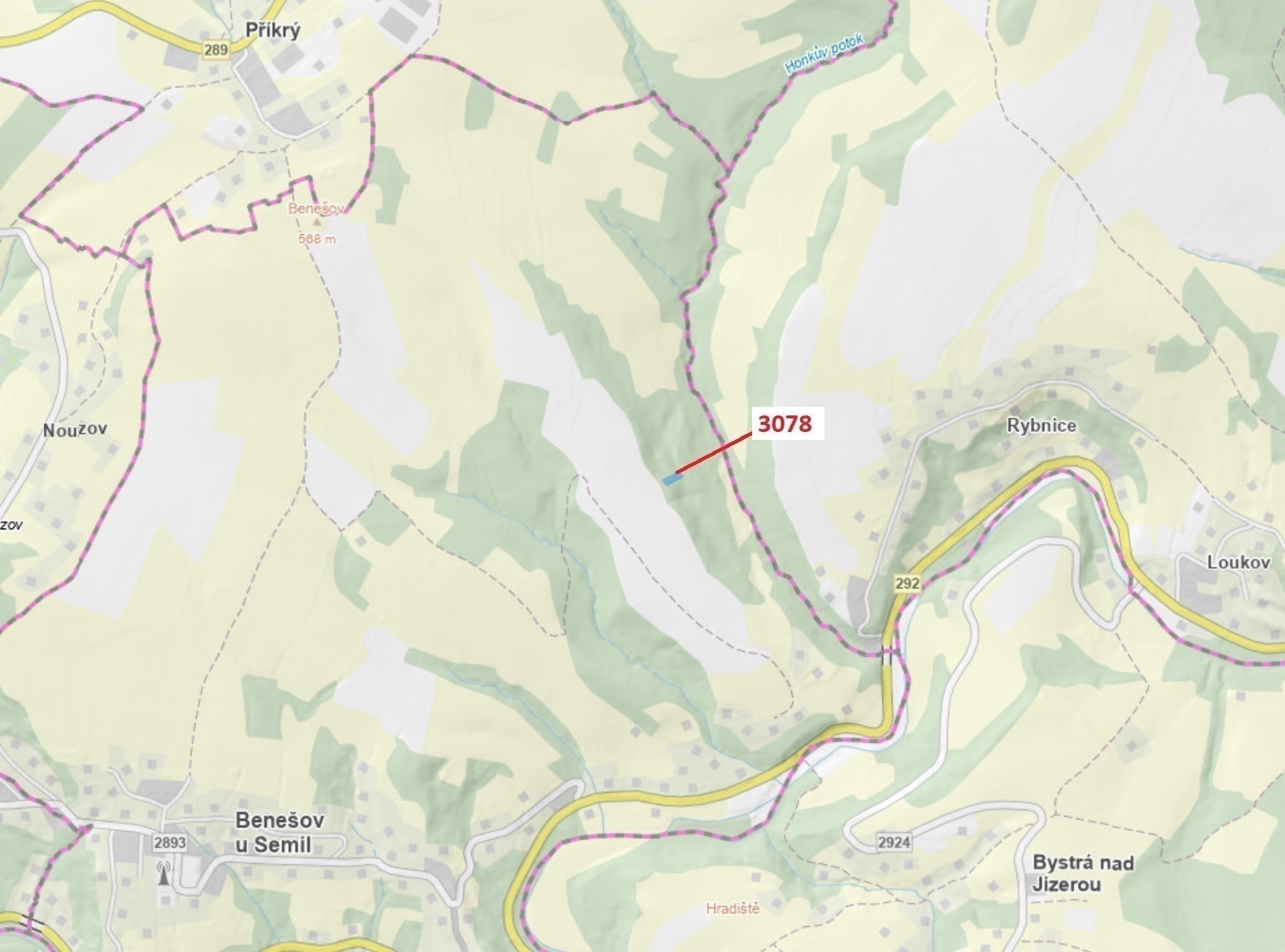 Lesní pozemek o výměře 1110 m2, podíl 1/1, katastrální území Benešov u Semil, obec Benešov u Semil, 