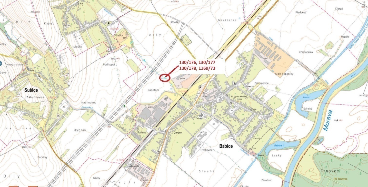 Vodní plochy a orná půda o výměře 174 m2, podíl 1/1, katastrální území Babice u Uherského Hradiště, 