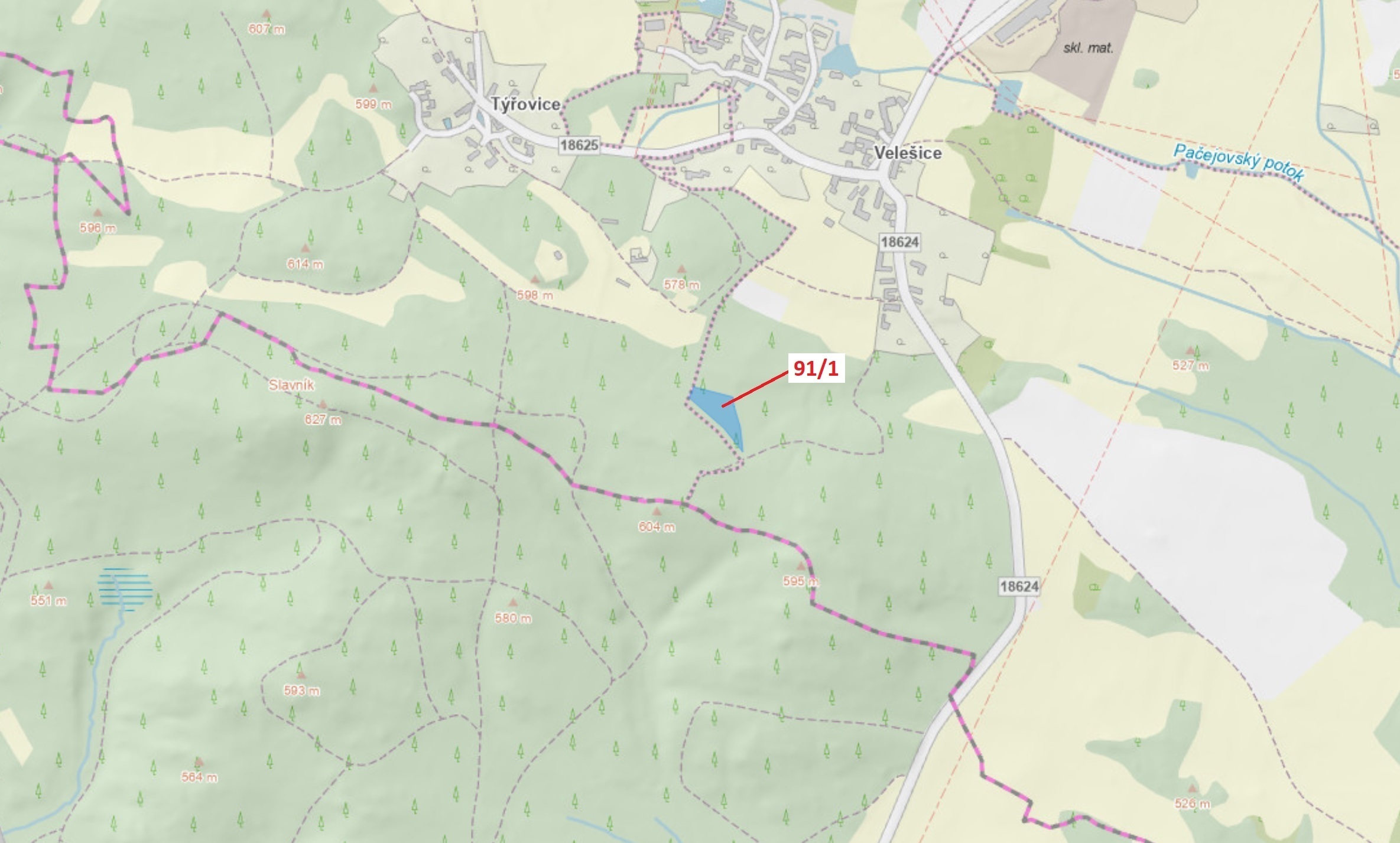 Lesní pozemek o výměře 3251 m2, podíl 1/1, katastrální území Velešice u Pačejova, obec Pačejov, obec