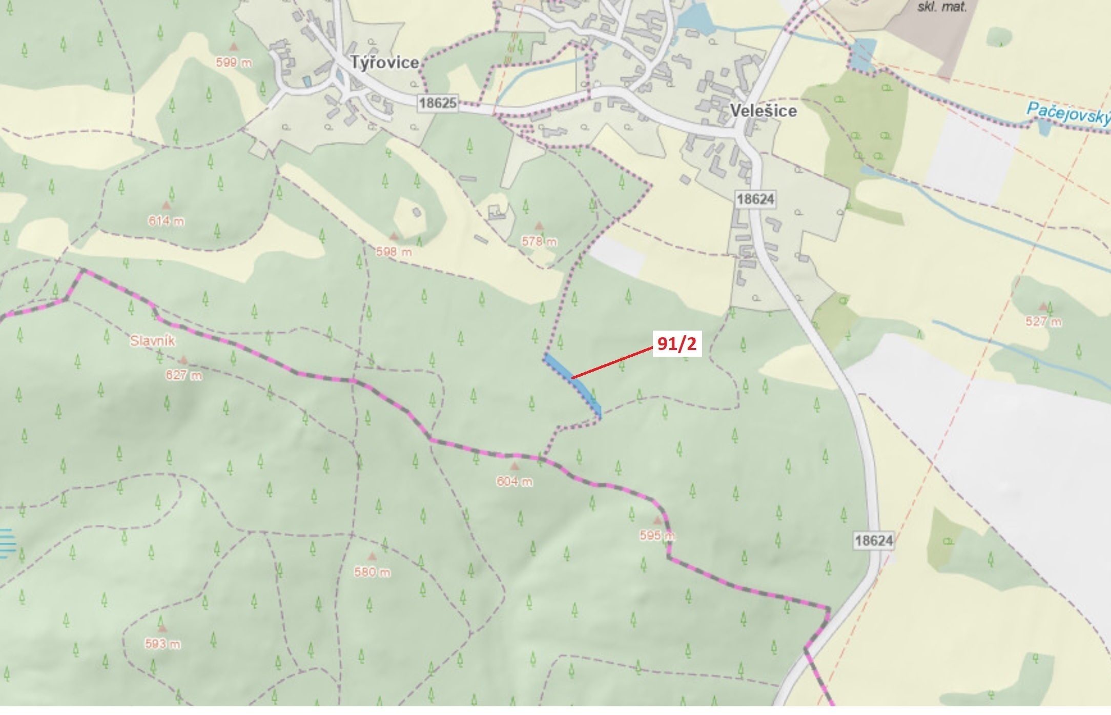Lesní pozemek o výměře 1363 m2, podíl 1/1, katastrální území Velešice u Pačejova, obec Pačejov, obec