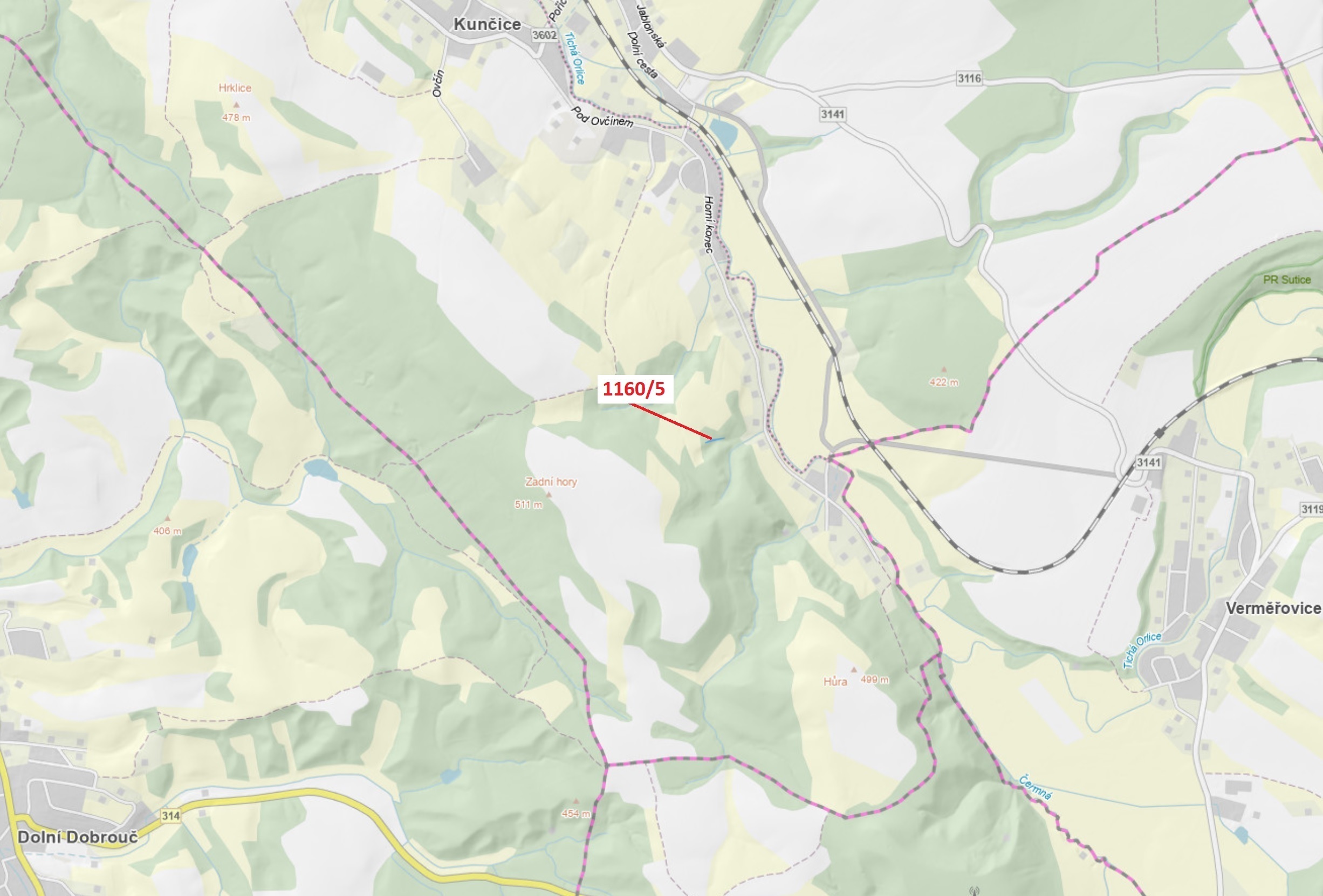 Lesní pozemek o výměře 282 m2, podíl 1/1, katastrální území Kunčice u Letohradu, obec Letohrad, obec