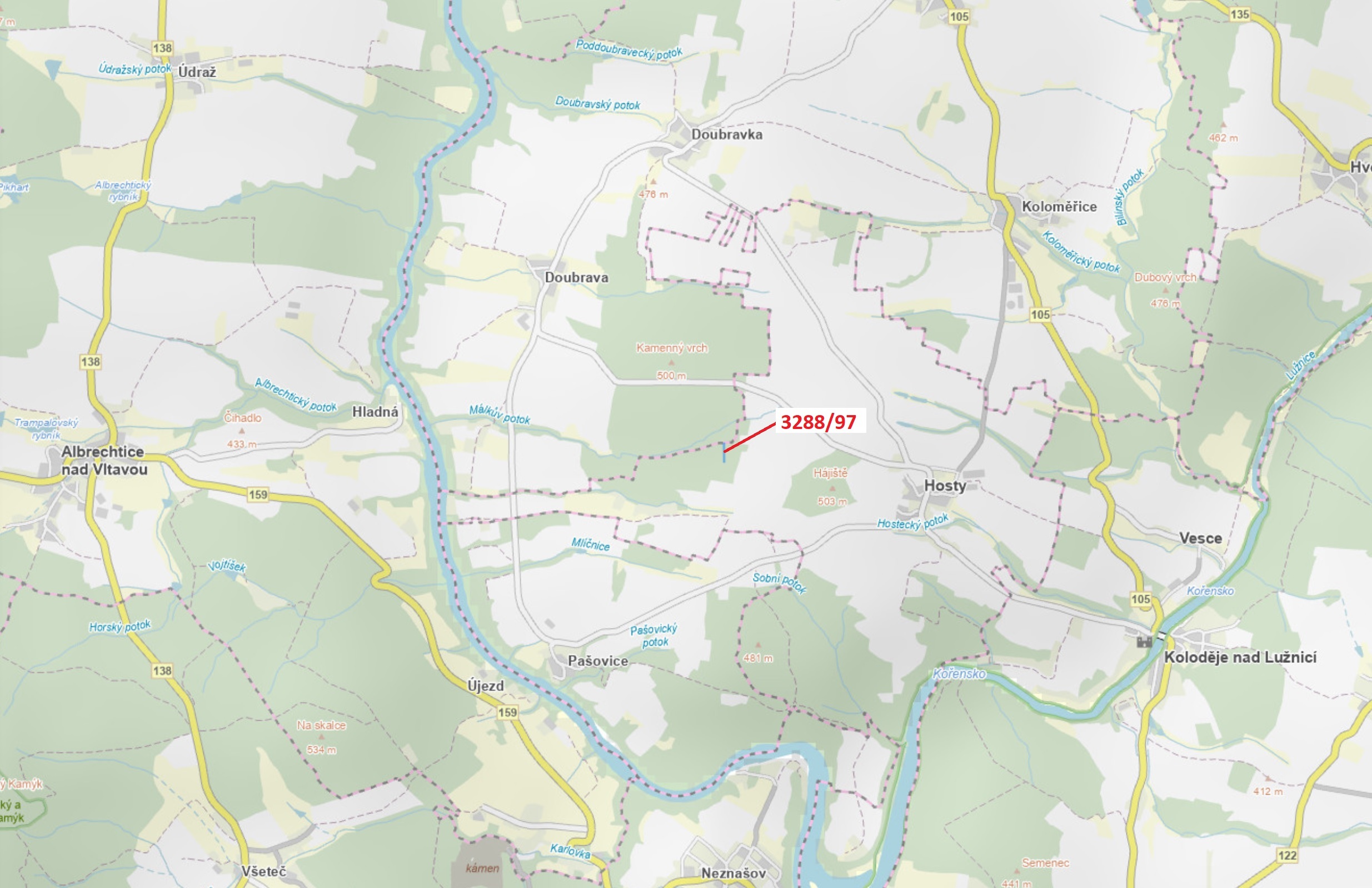 Lesní pozemek o výměře 1729 m2, podíl 1/1, katastrální území Hosty, obec Hosty, obec s rozšířenou pů