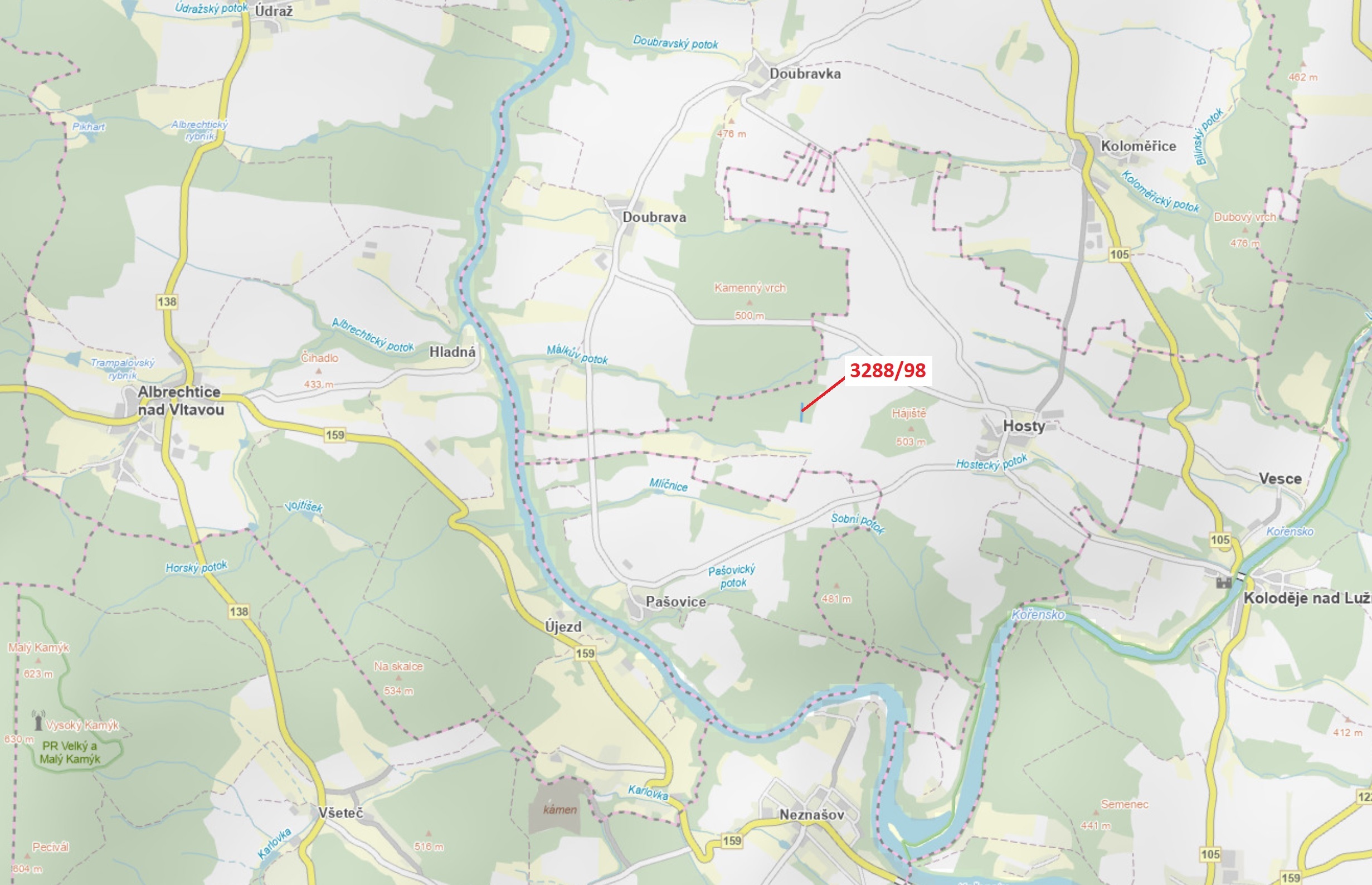 Lesní pozemek o výměře 1685 m2, podíl 1/1, katastrální území Hosty, obec Hosty, obec s rozšířenou pů