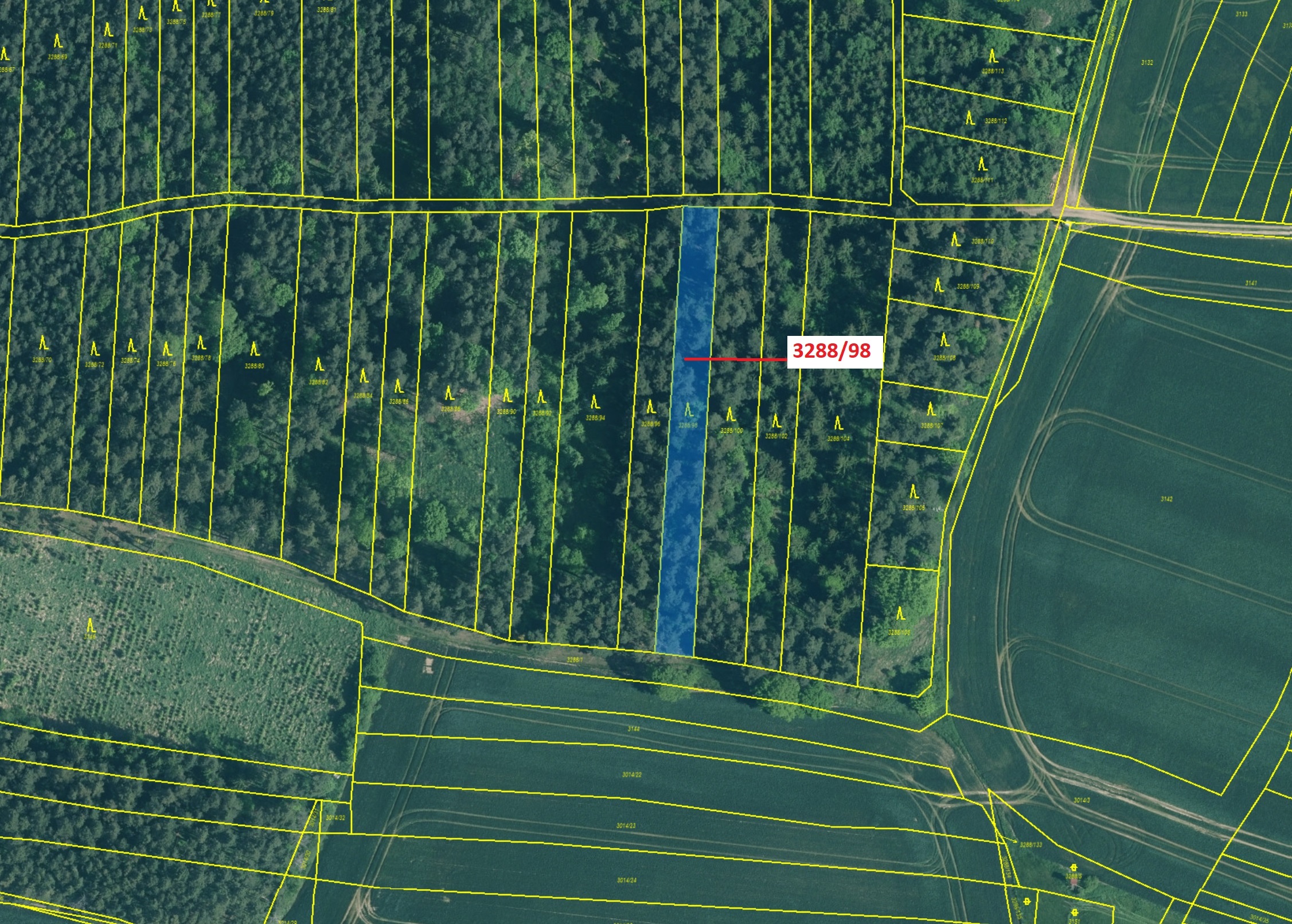 Lesní pozemek o výměře 1685 m2, podíl 1/1, katastrální území Hosty, obec Hosty, obec s rozšířenou pů