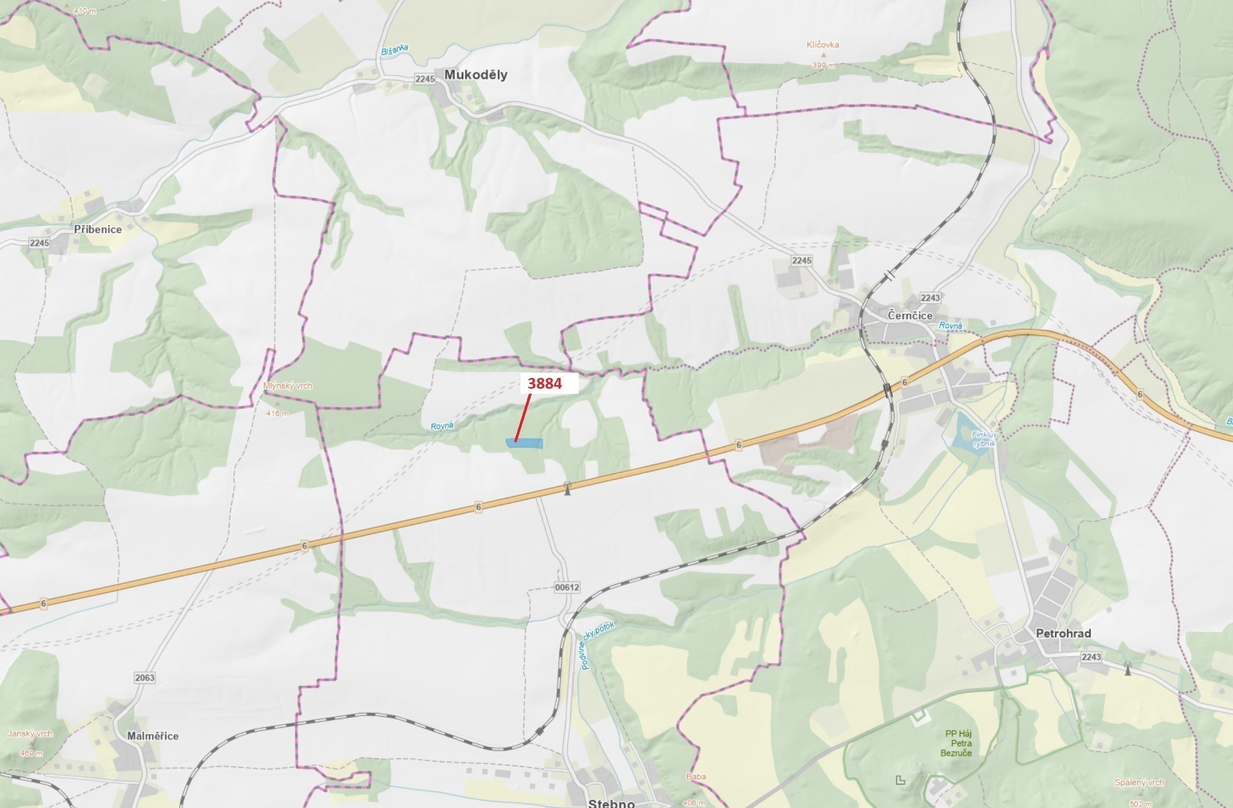 Lesní pozemek o výměře 7 695 m2, podíl 1/1, katastrální území Stebno u Petrohradu, obec Kryry, obec 