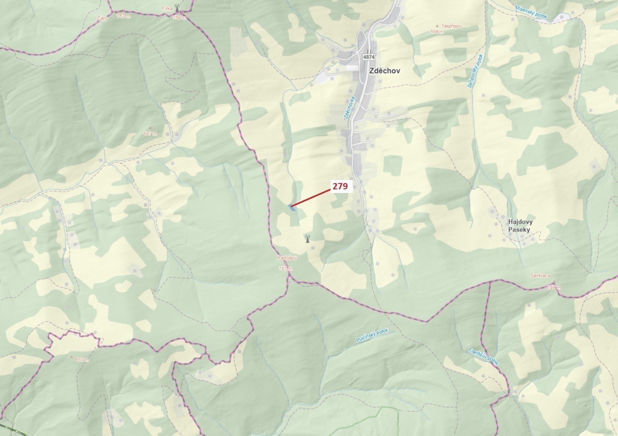 Lesní pozemek o výměře 1413 m2, podíl 1/1, katastrální území Zděchov, obec Zděchov, obec s rozšířeno