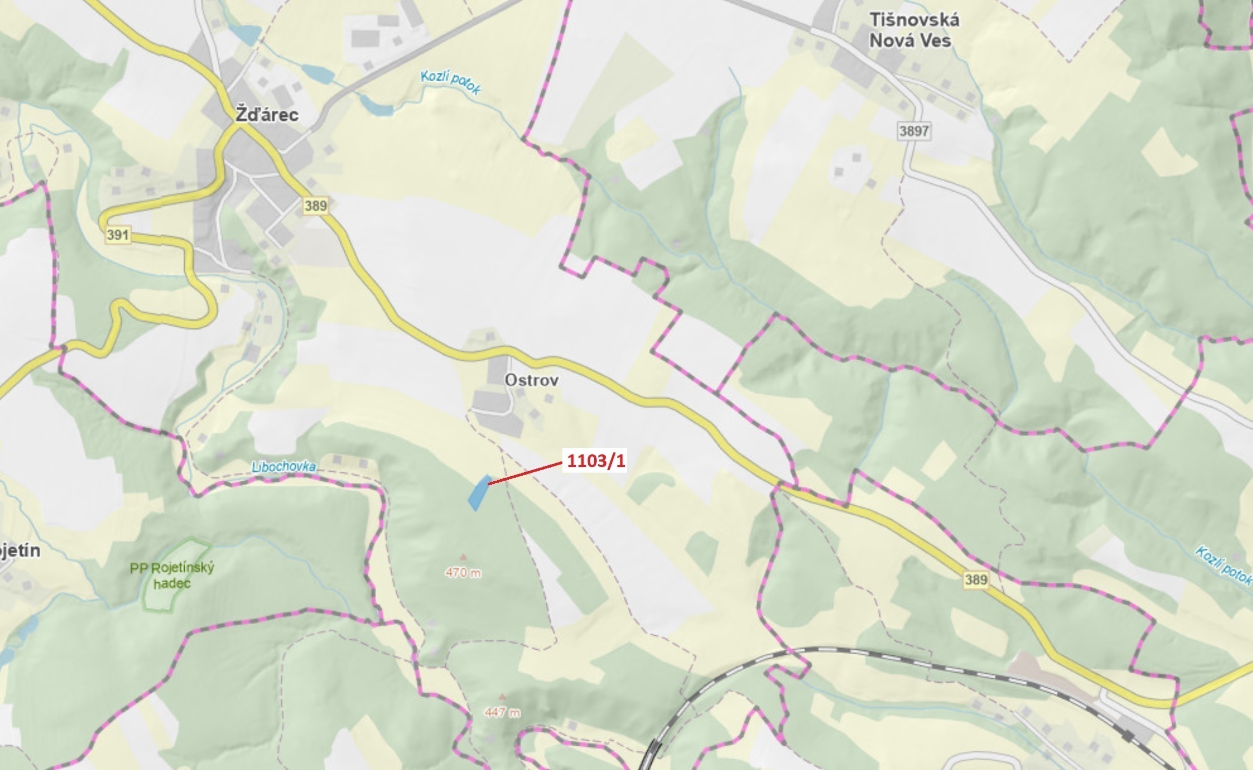 Lesní pozemek o výměře 3474 m2, podíl 1/1, katastrální území Žďárec, obec Žďárec, obec s rozšířenou 