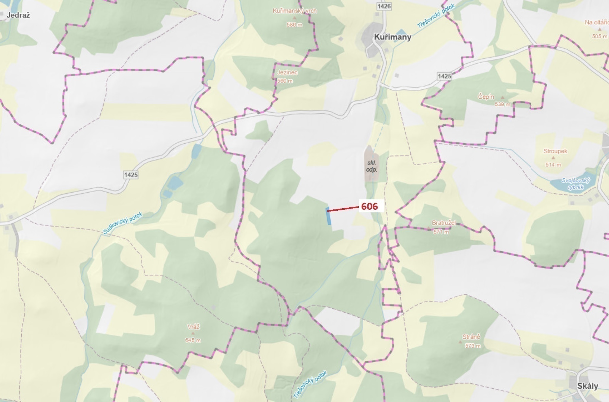 Lesní pozemek o výměře 2526 m2, podíl 1/1, katastrální území Kuřimany, obec Kuřimany, obec s rozšíře